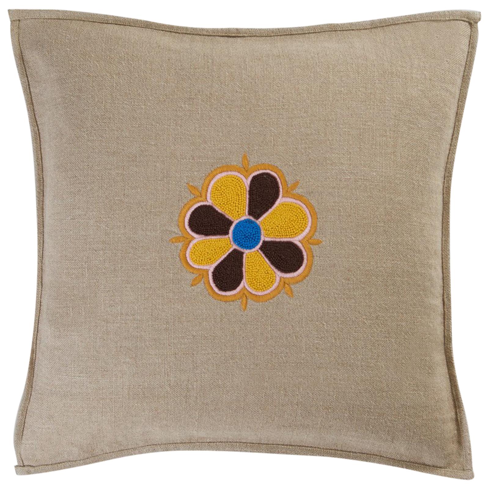 Arvest Single Hand Embroidered Beige Linen Pillow Cover For Sale