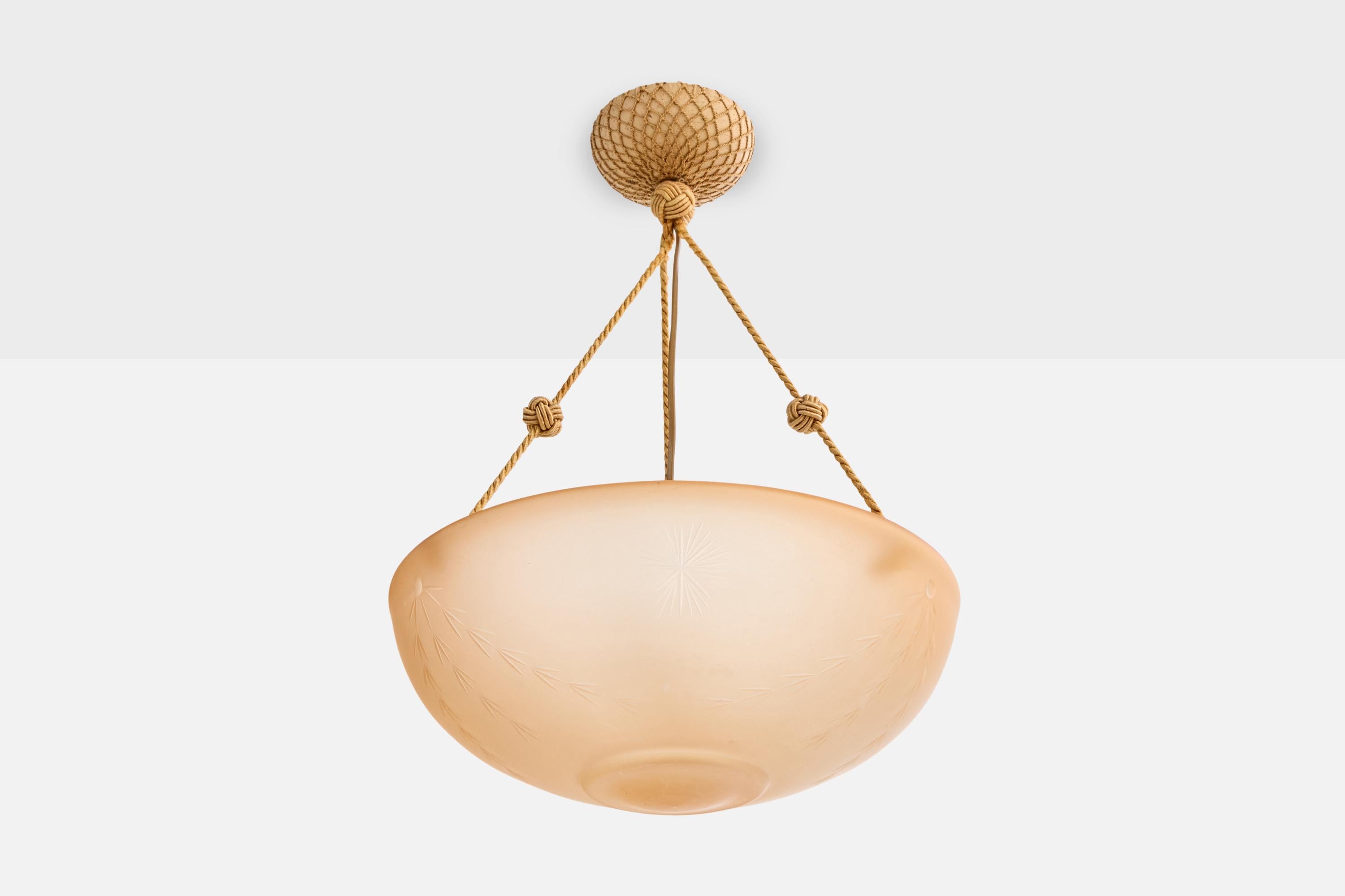 A yellow glass and beige rope pendant light attributed to Arvid Böhlmarks Lampfabrik, Sweden, c. 1930s.

Overall Dimensions (inches): 19.5