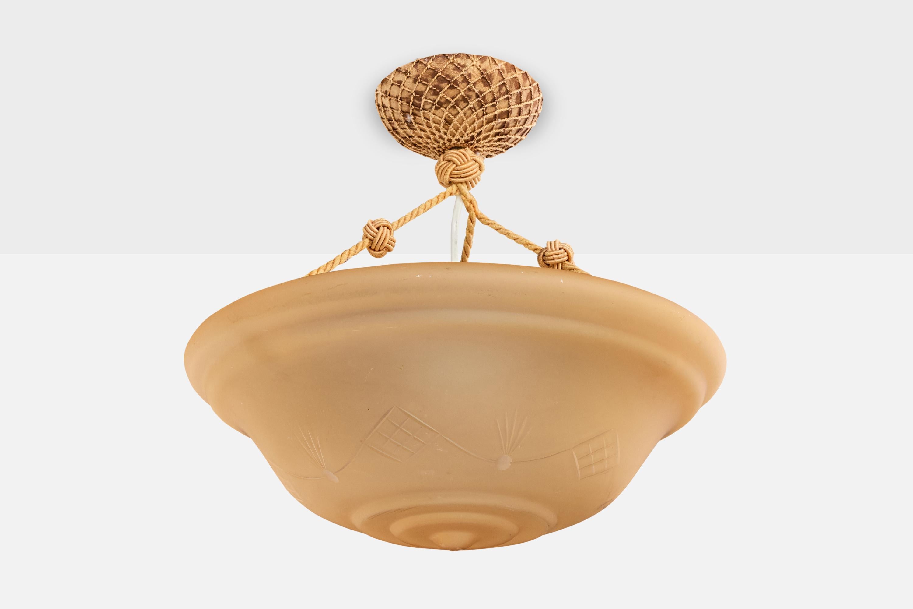 An orange glass and beige rope pendant light attributed to Arvid Böhlmarks Lampfabrik, Sweden, c. 1930s. 

Overall Dimensions (inches): 13.0