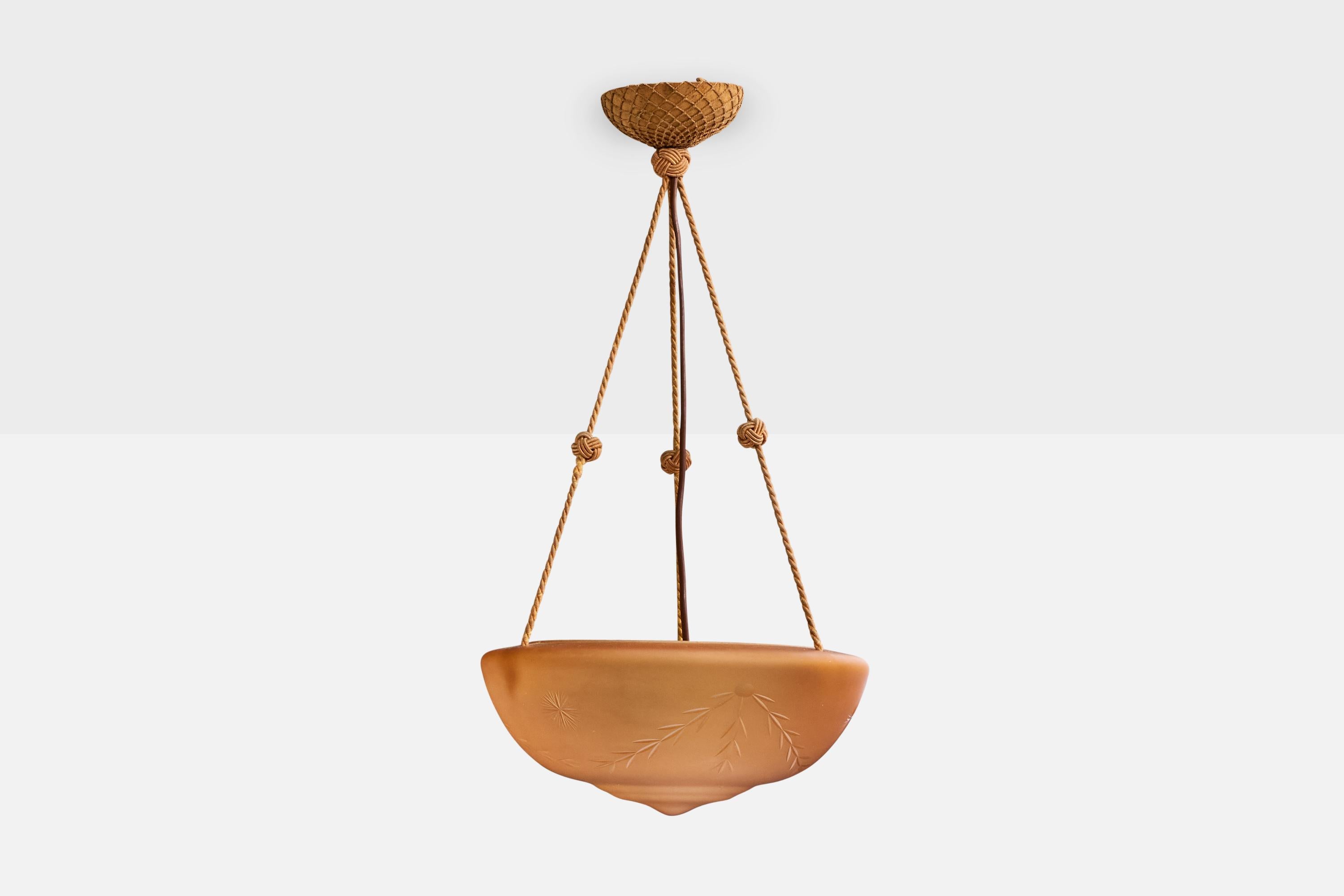 Scandinavian Modern Arvid Böhlmarks Lampfabrik Attribution, Pendant Light, Glass, Rope, Sweden, 1930 For Sale