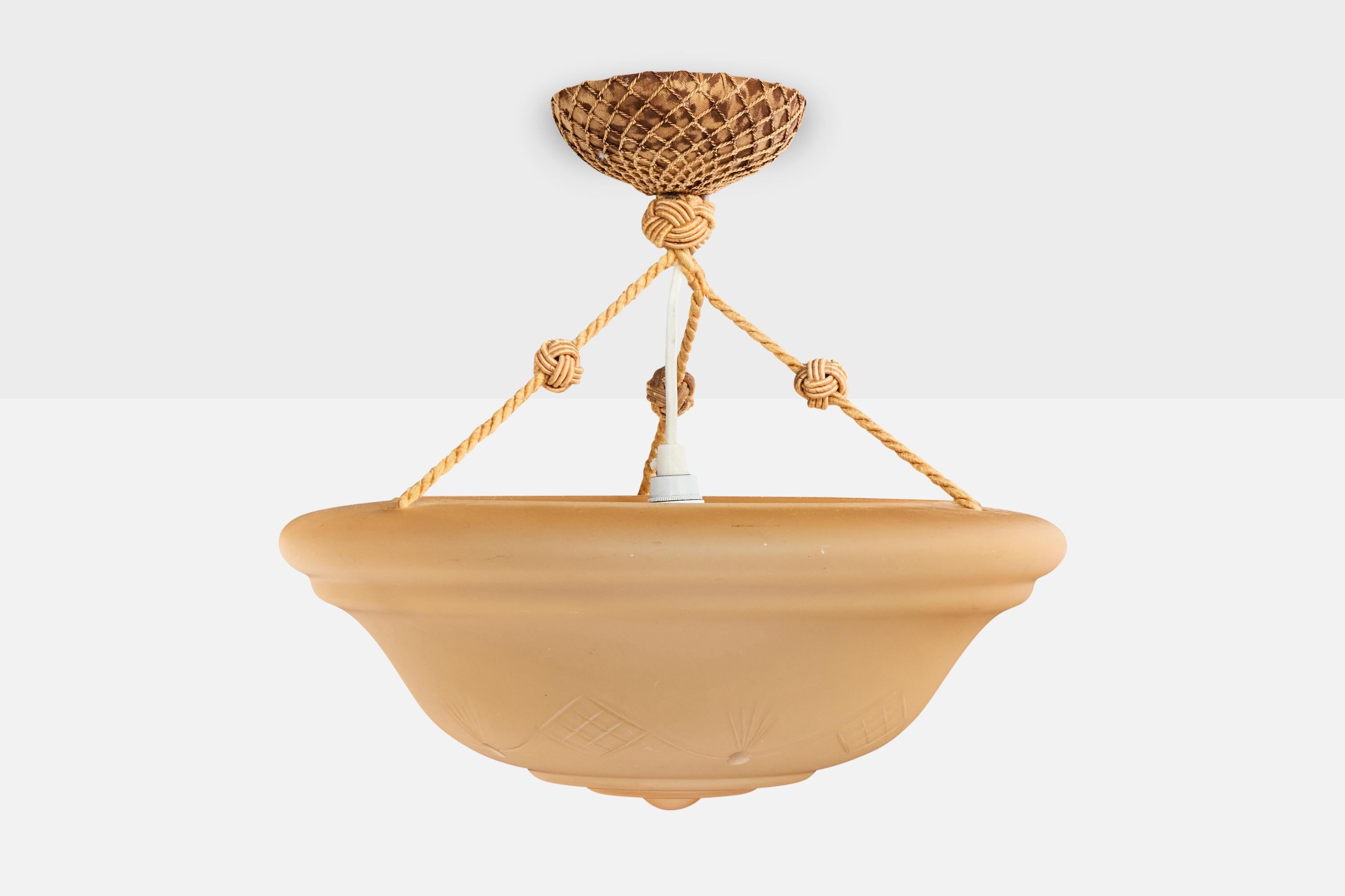 Mid-Century Modern Arvid Böhlmarks Lampfabrik Attribution, Pendant Light, Glass, Rope, Sweden, 1930 For Sale