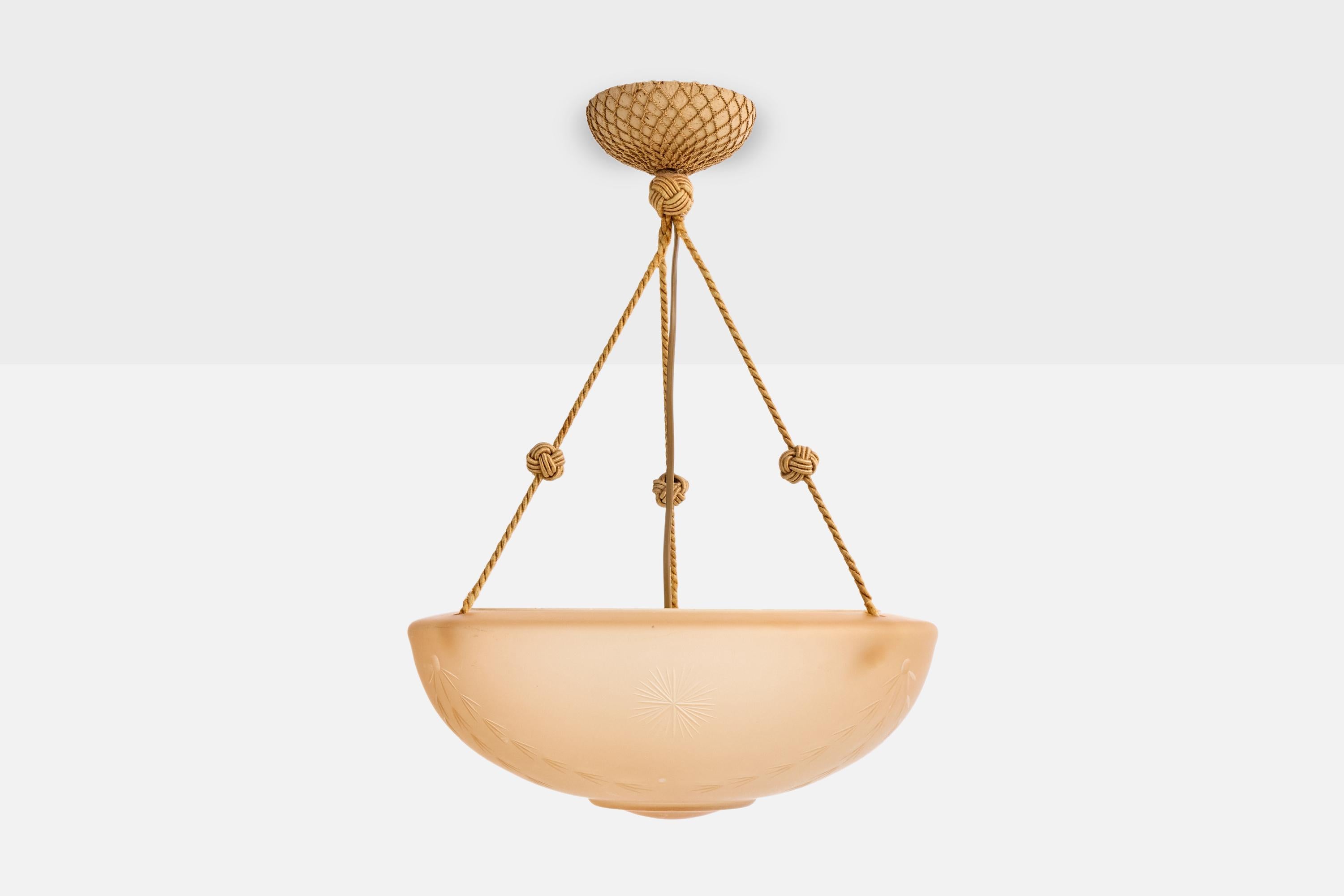 Swedish Arvid Böhlmarks Lampfabrik Attribution, Pendant Light, Glass, Rope, Sweden, 1930 For Sale