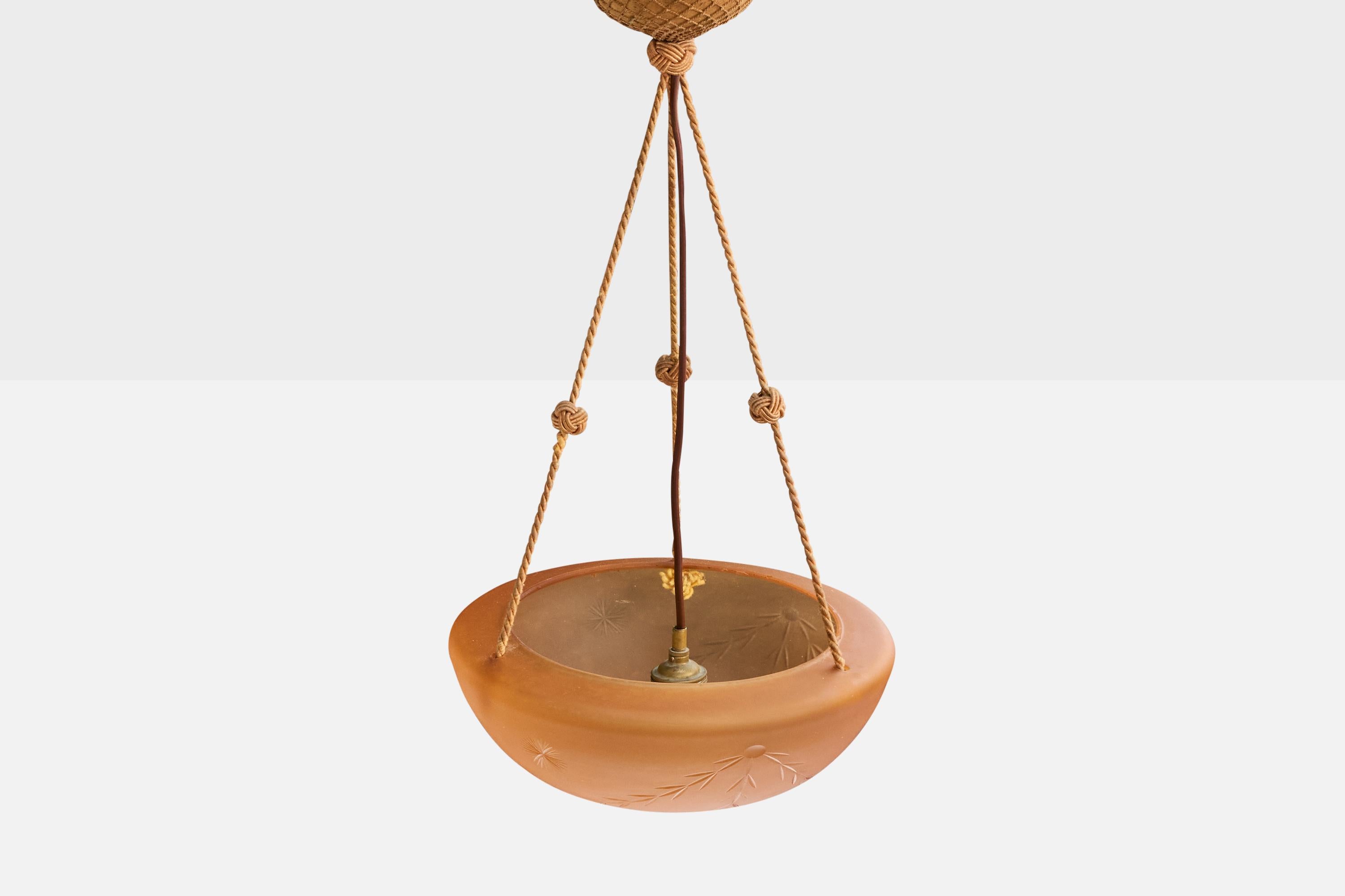 Swedish Arvid Böhlmarks Lampfabrik Attribution, Pendant Light, Glass, Rope, Sweden, 1930 For Sale