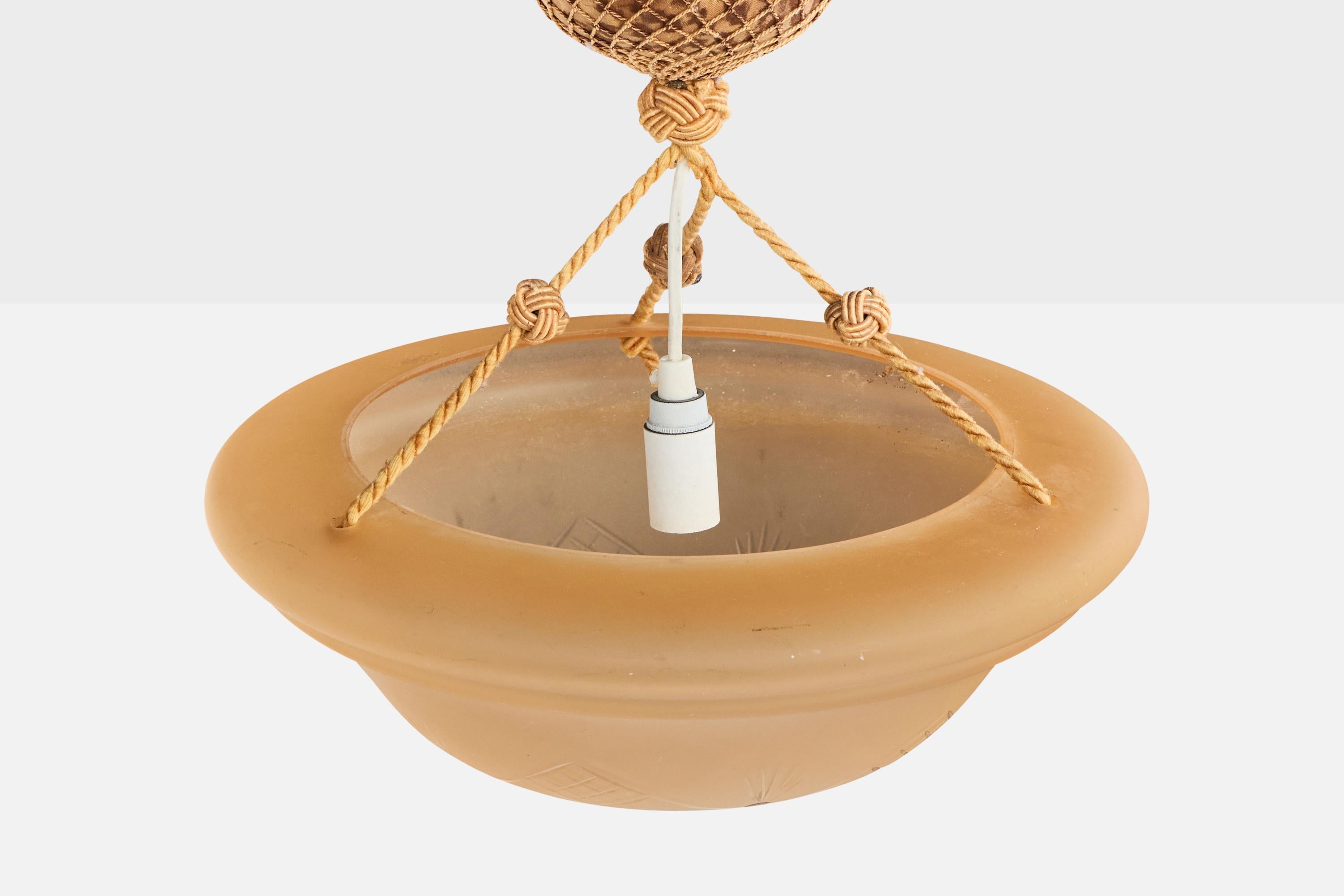 Swedish Arvid Böhlmarks Lampfabrik Attribution, Pendant Light, Glass, Rope, Sweden, 1930 For Sale