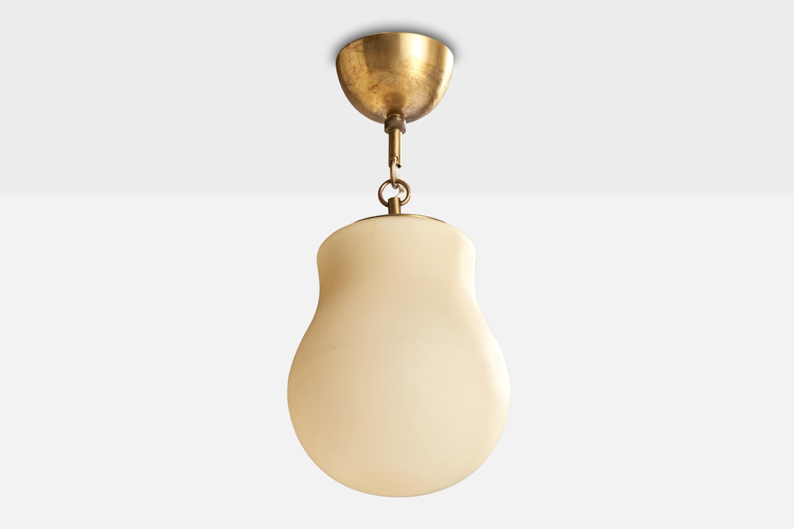 A brass and opaline glass pendant light produced by Arvid Böhlmarks Lampfabrik, Sweden, c. 1940s.

Overall Dimensions (inches): 13.5” H x 6.5” Diameter

Dimensions of Canopy:  2” H x 3.5” W x 3.5” D

Bulb Specifications: E-26

Number of Sockets: