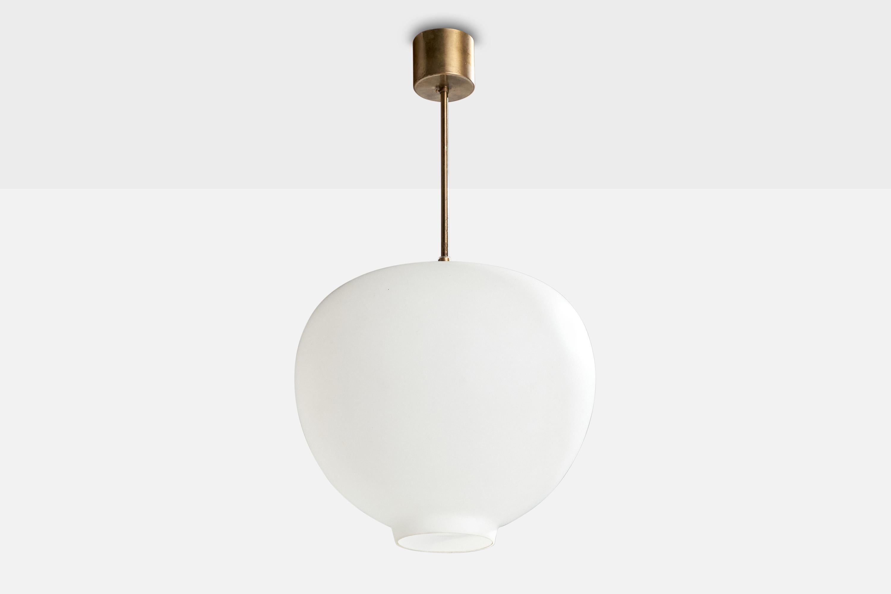 A sizable brass and opaline glass pendant light produced by Arvid Böhlmarks Lampfabrik, Sweden, 1950s.

Documented in manufacturers catalogue in 1954.

Overall Dimensions (inches): 27.5” H x 16” Diameter

Dimensions of Canopy:  2.75” H x 3.25” W x