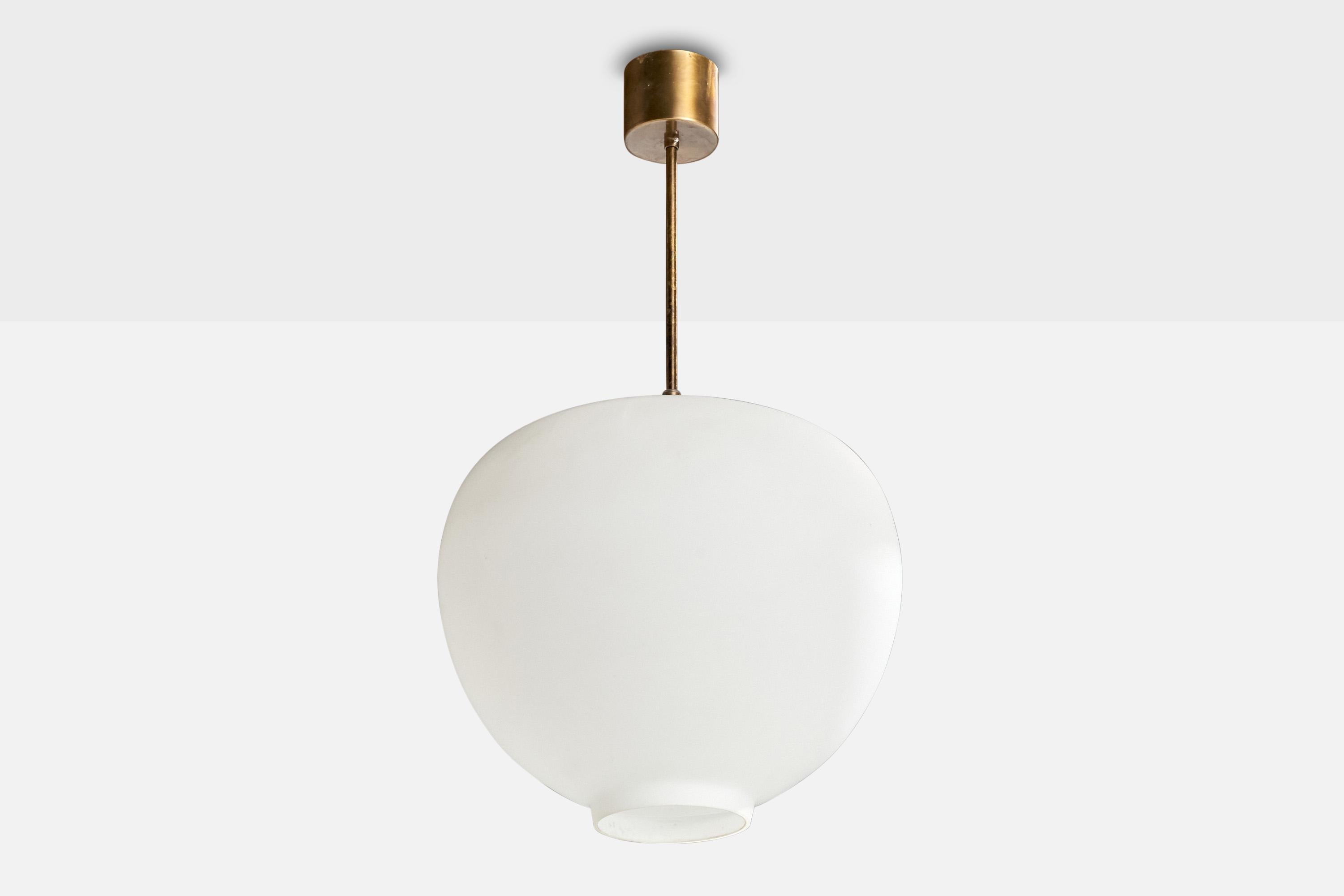 A sizable brass and opaline glass pendant light produced by Arvid Böhlmarks Lampfabrik, Sweden, 1950s.

Documented in manufacturers catalogue in 1954.

Overall Dimensions (inches): 26” H x 15.5” Diameter

Dimensions of Canopy:  2.75” H x 3.25” W x