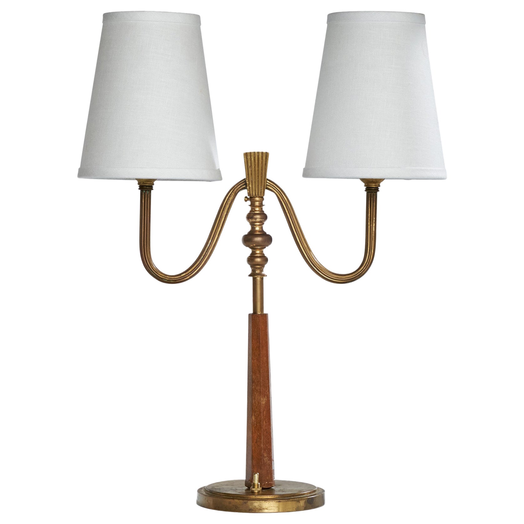 Arvid Böhlmarks Lampfabrik, Table Lamp, Brass, Wood, Fabric, Sweden, 1930s