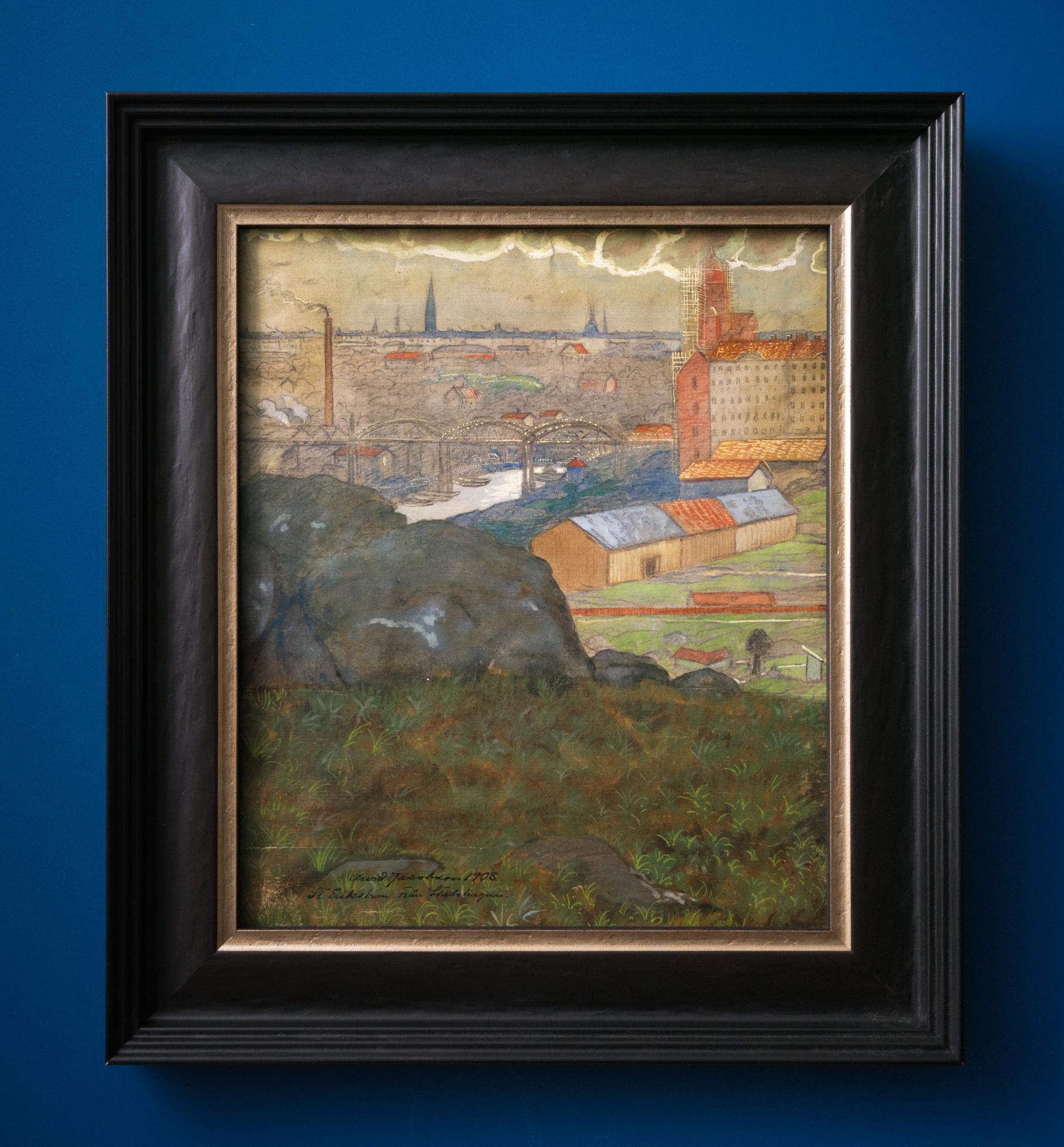 Dieses bezaubernde Gemälde von Arvid Jacobsson (Jacobson) (1881-1966) aus dem Jahr 1908 zeigt eine bezaubernde Ansicht von St. Eriksbron von Stadshagen auf Kungsholmen aus gesehen. Jacobsson hat das Wesen Stockholms zu Beginn des 20. Jahrhunderts,