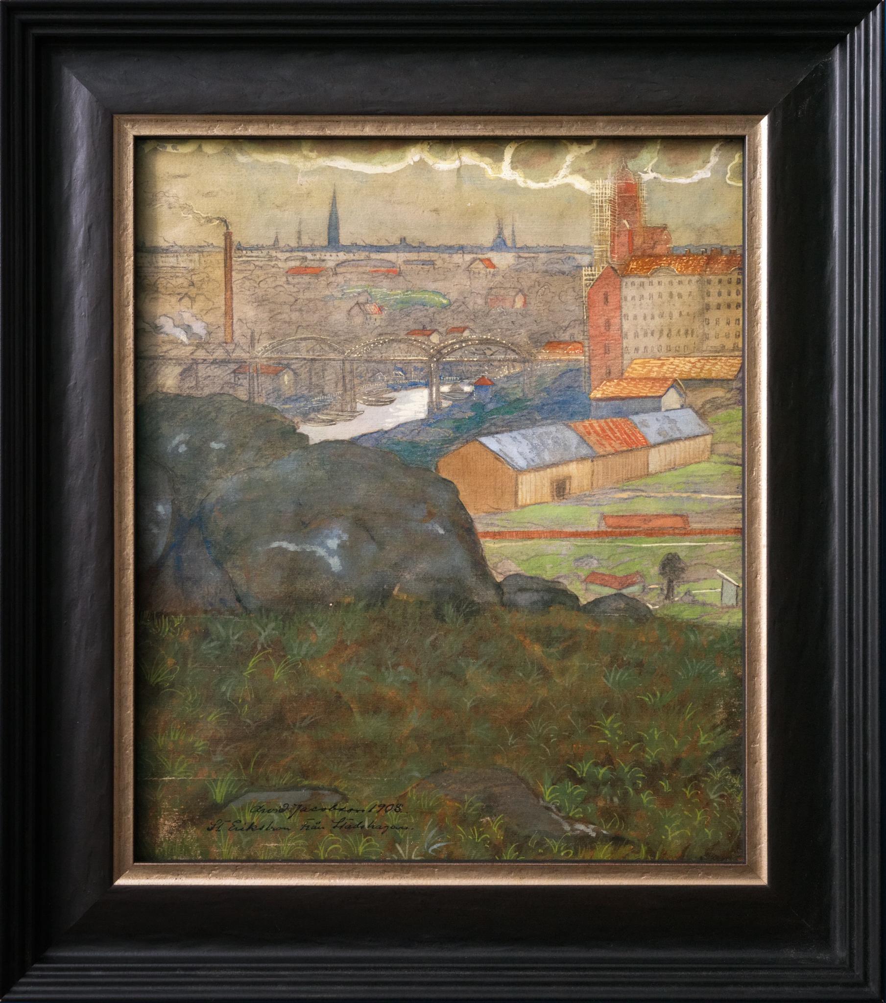 St Eriksbron See One depuis Stadshagen, Stockholm, 1908 - Mixed Media Art de Arvid Jacobsson
