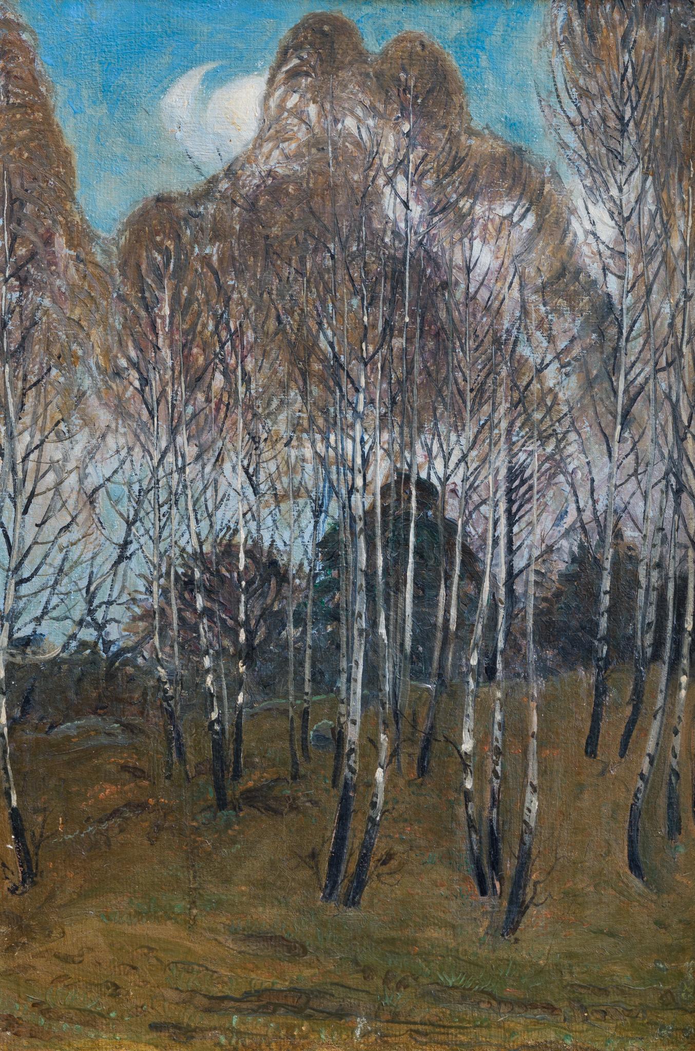 Painted in 1909, this artwork depicts a scene from Karlberg, located on Kungsholmen (Stockholm). The focal point is a majestic birch forest, with tall and graceful birch trees. The tops of the birches form soft, rounded lines against the blue sky,