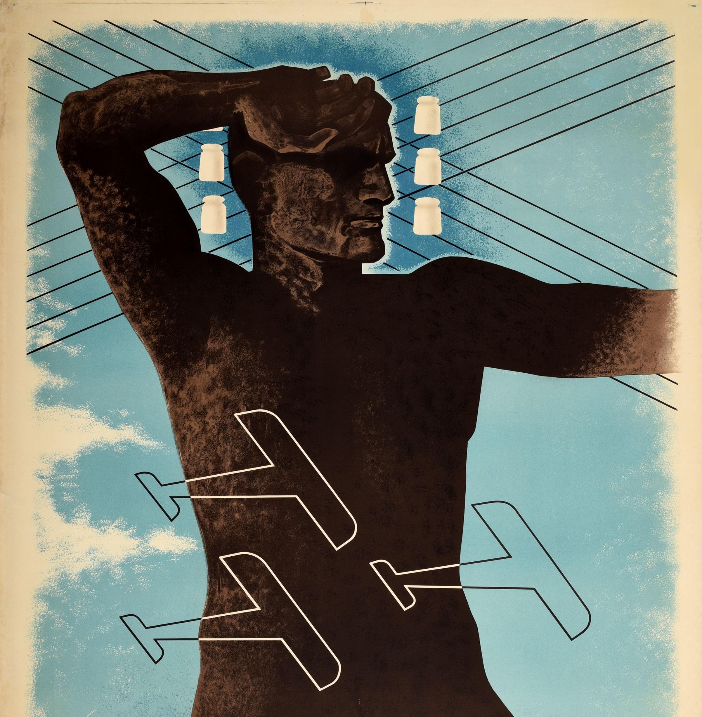 Affiche rétro originale, Der Mittag Uberall Newspaper, Electricity, Aviation Design - Gris Print par Arvid Mather