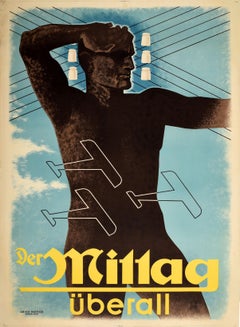 Affiche rétro originale, Der Mittag Uberall Newspaper, Electricity, Aviation Design
