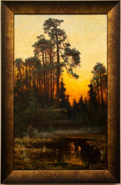 A Sunset in a Foggy Forest by Arvid Mauritz Lindström, Painting, Oil on Canvas