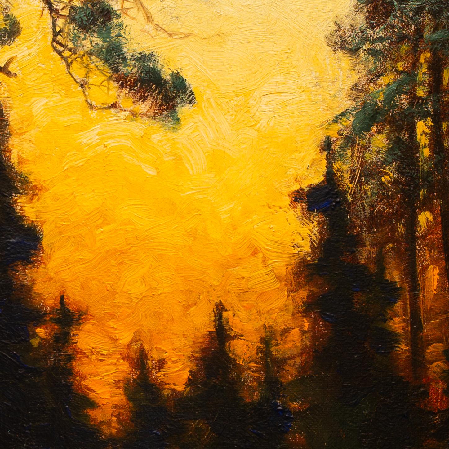 A Sunset in a Foggy Forest by Arvid Mauritz Lindström, Painting, Oil on Canvas 1