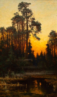 A Sunset in a Foggy Forest by Arvid Mauritz Lindström, Painting, Oil on Canvas