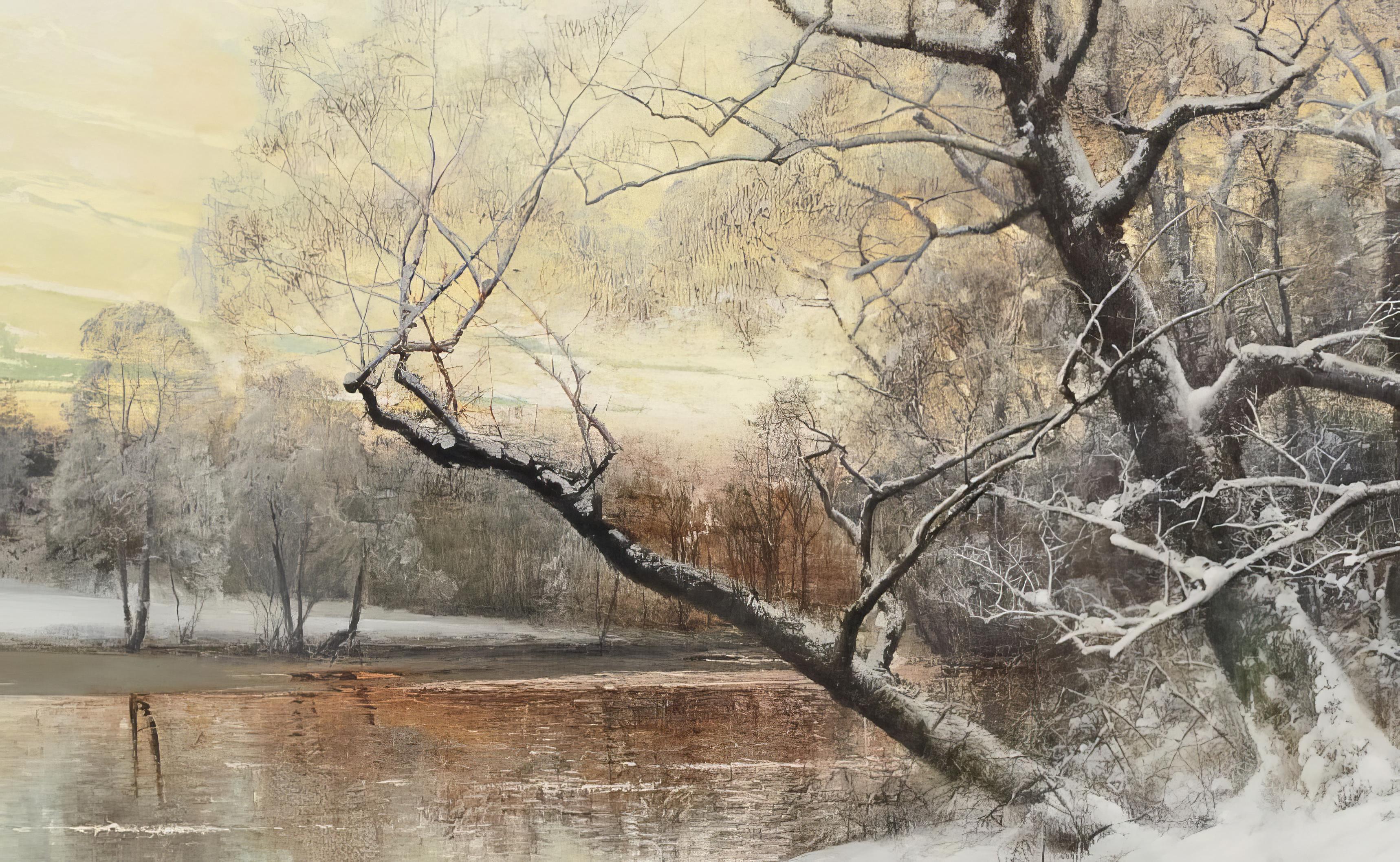 Ein Wintersonnenuntergang über dem Fluss (Beige), Landscape Painting, von Arvid Mauritz Lindström