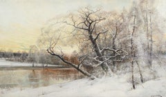 A Winter's Sunset over the River, Oil on Canvas, 19th Century, Framed