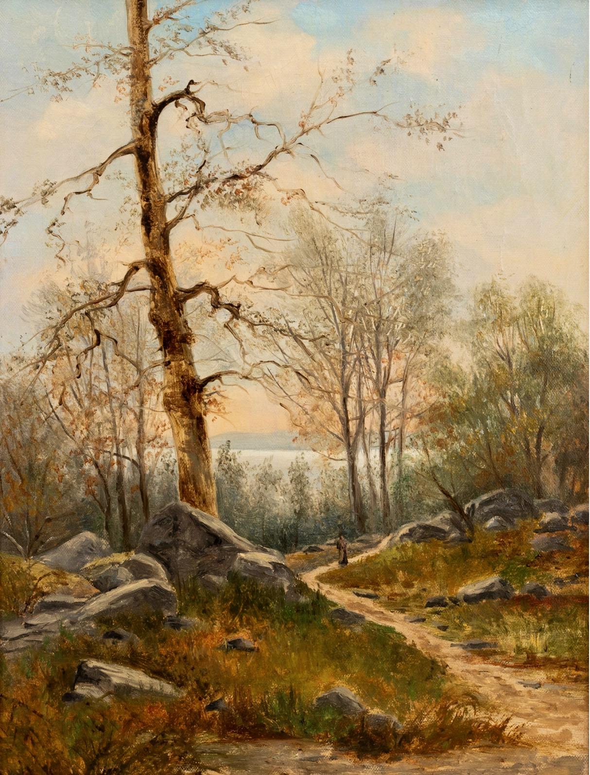 Paisaje otoñal con lago y mujer caminando por un sendero del bosque - Siglo XIX Óleo - Painting de Arvid Mauritz Lindström