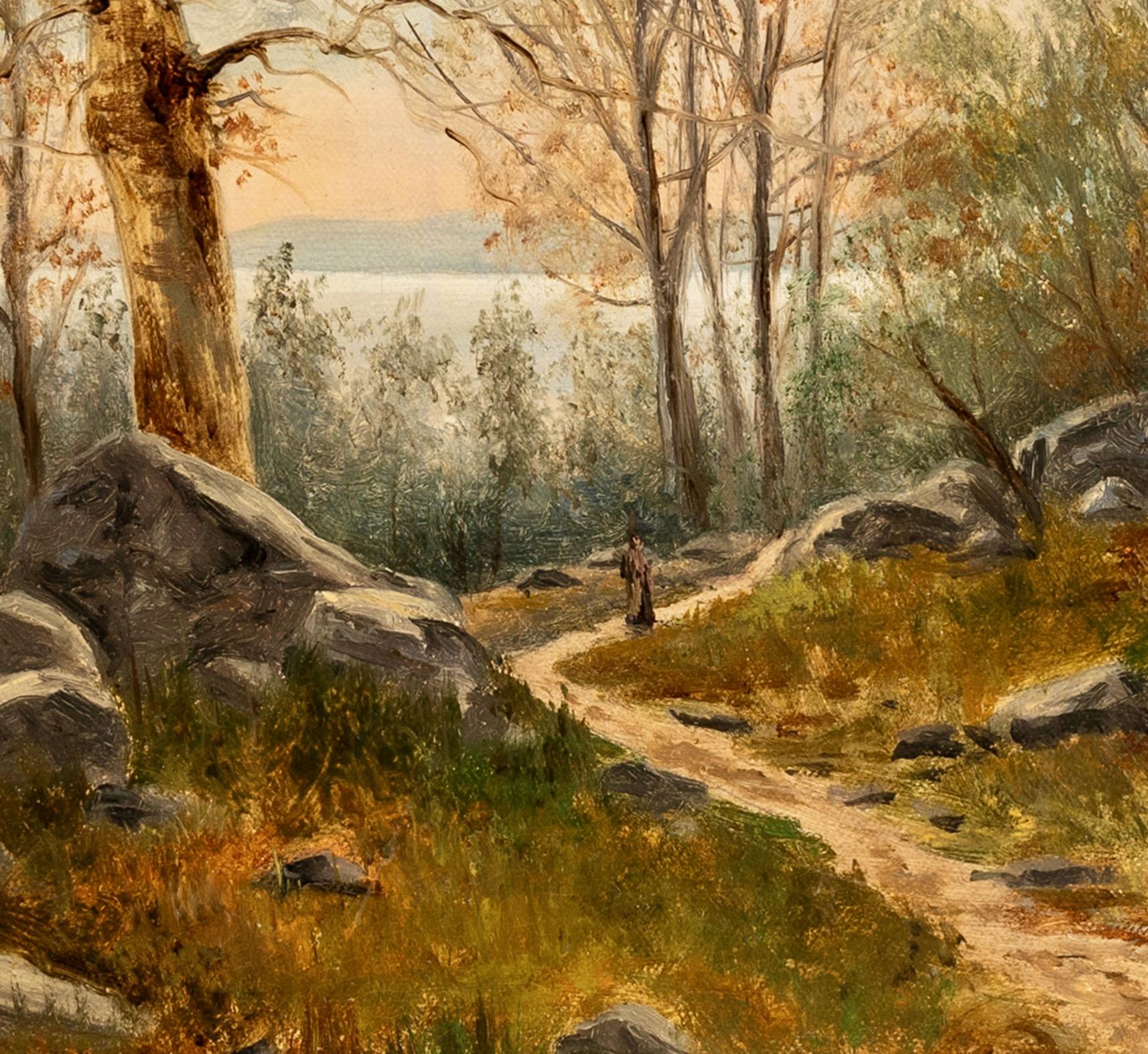 Paisaje otoñal con lago y mujer caminando por un sendero del bosque - Siglo XIX Óleo - Landscape Painting Marrón de Arvid Mauritz Lindström