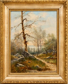 Fall Landscape with Lake and Woman Walking on a Forest Path - 19th Century Oil