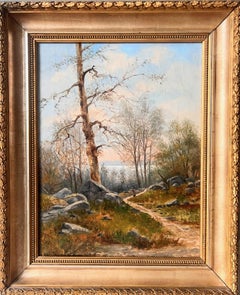 Herbstlandschaft mit See und Frau, die auf einem Waldweg spazieren geht - Öl aus dem 19.