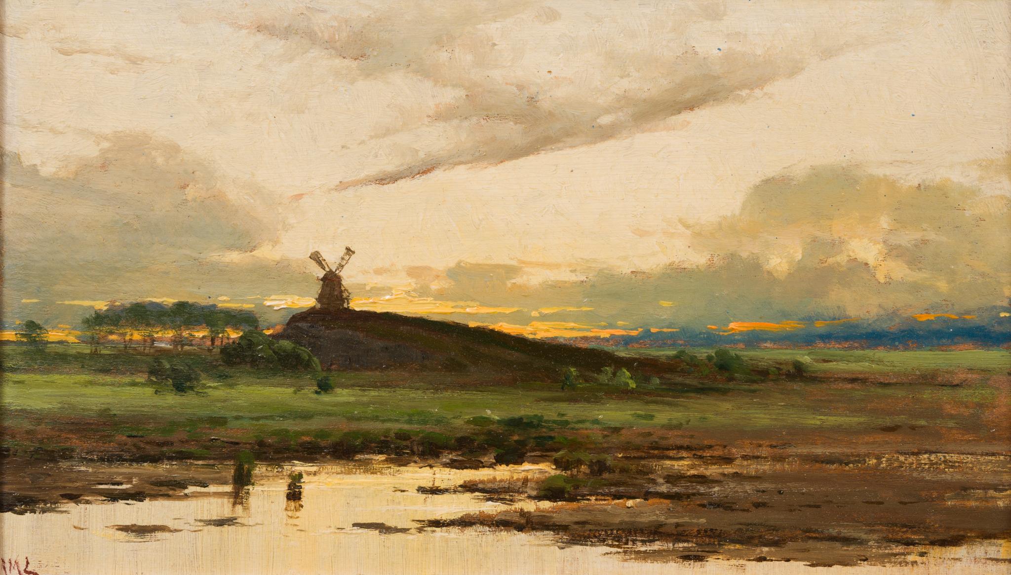 Landschaft mit Mühle bei Sonnenuntergang von dem schwedischen Künstler Mauritz Lindström (Realismus), Painting, von Arvid Mauritz Lindström