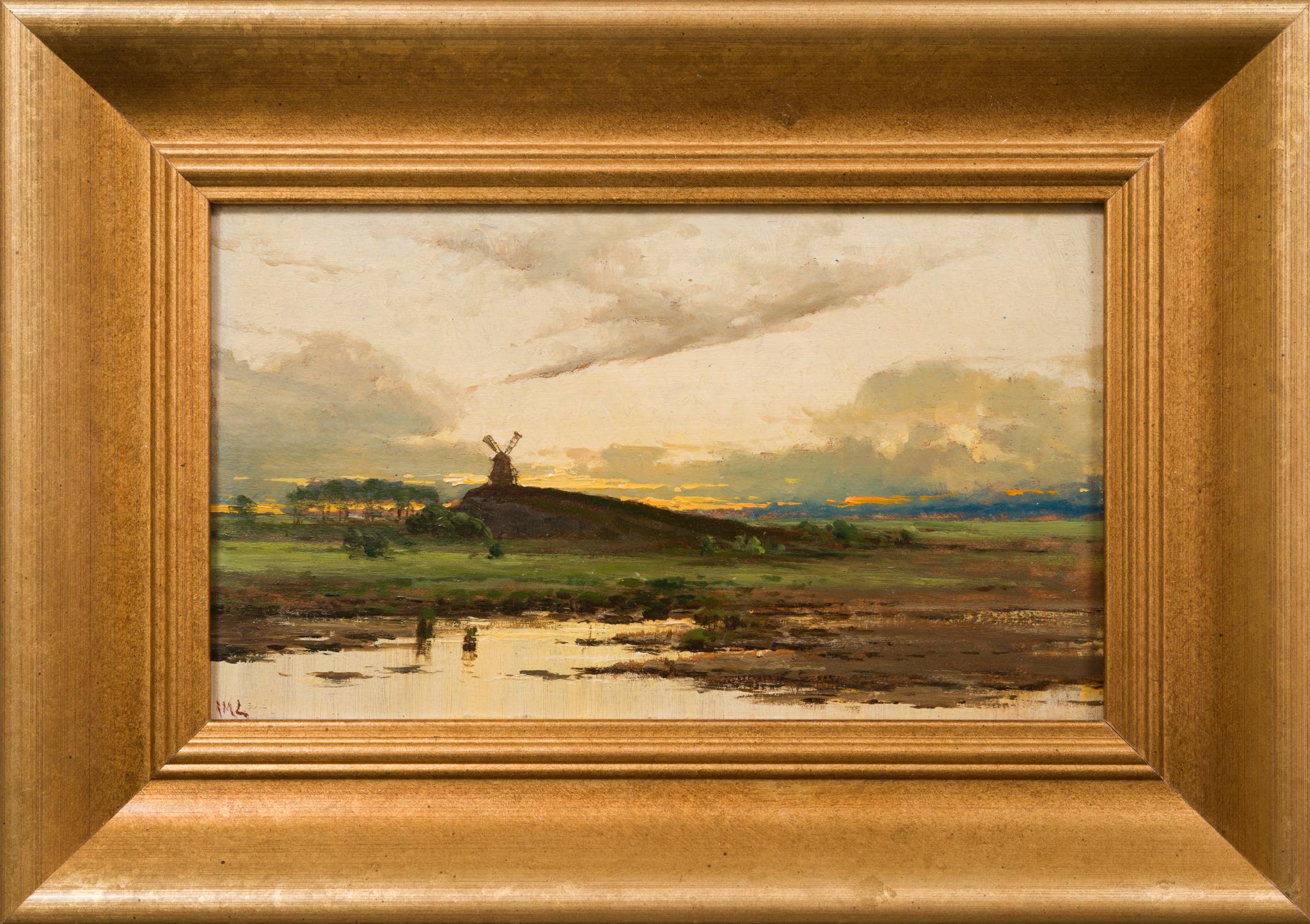 Landschaft mit Mühle bei Sonnenuntergang von dem schwedischen Künstler Mauritz Lindström – Painting von Arvid Mauritz Lindström