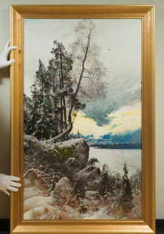 Panting de paisaje grande que representa un paisaje invernal al atardecer