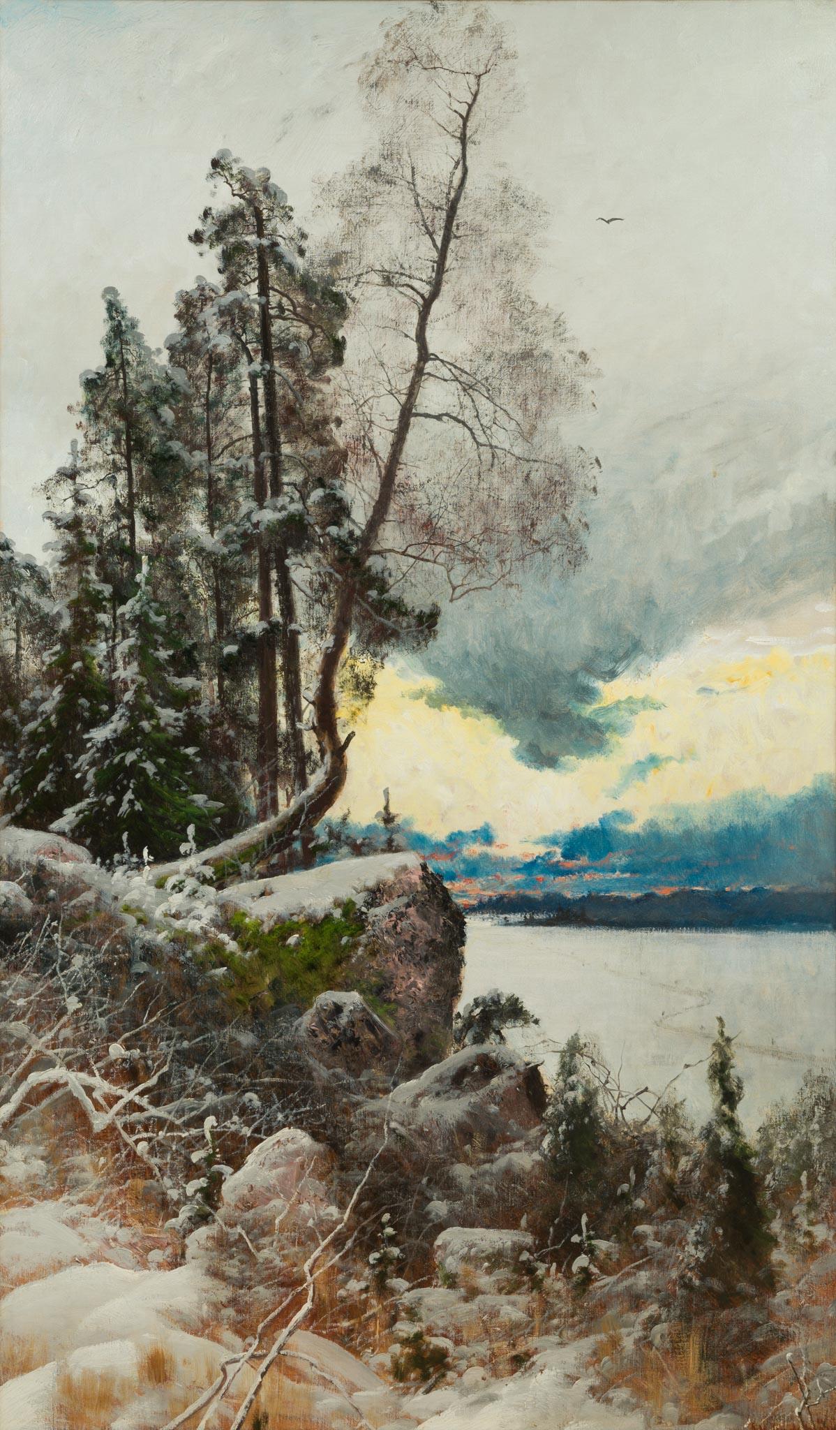 Grande tela di paesaggio raffigurante un paesaggio invernale al crepuscolo - Painting Realismo di Arvid Mauritz Lindström