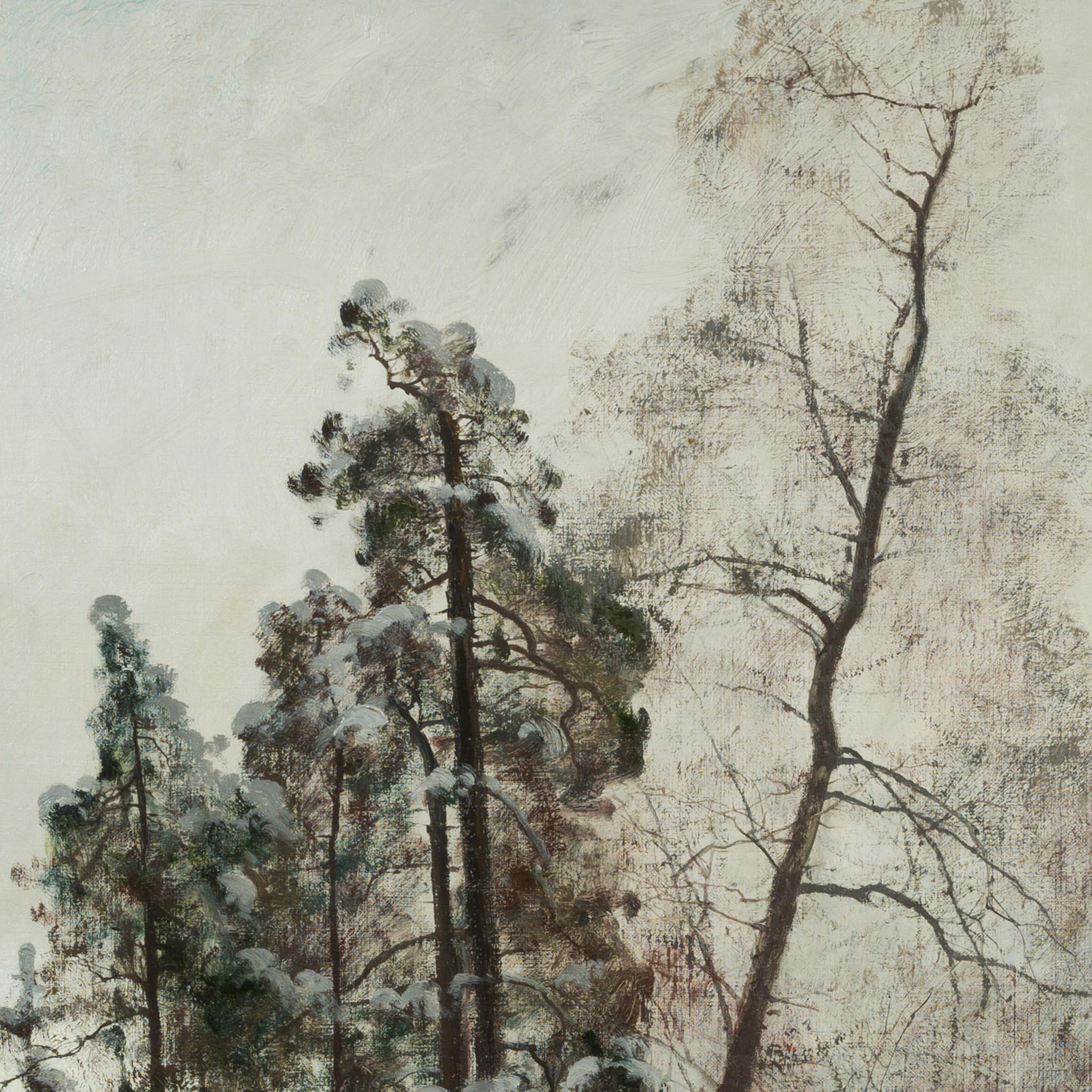 Grande tela di paesaggio raffigurante un paesaggio invernale al crepuscolo - Landscape Painting Marrone di Arvid Mauritz Lindström