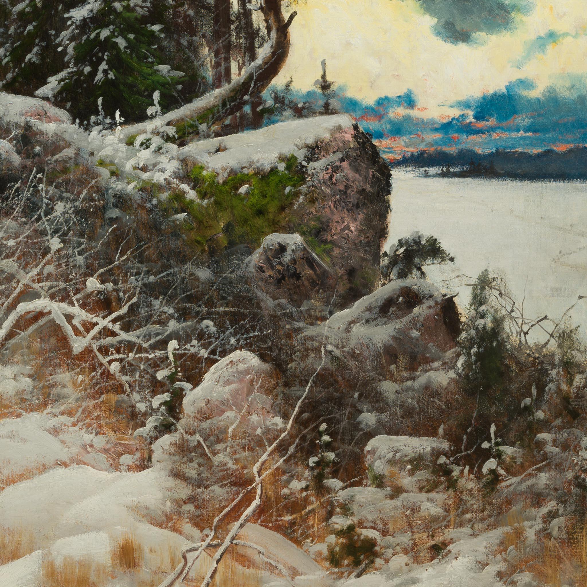 Figura di spicco della pittura paesaggistica svedese di fine secolo, Arvid Mauritz Lindström è stato celebrato per le sue evocative rappresentazioni della natura in tutti i suoi umori stagionali. In Winter Landscape at Dusk (Paesaggio invernale al