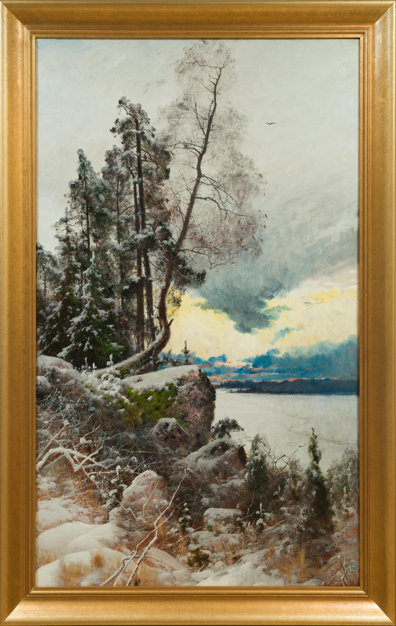 Landscape Painting di Arvid Mauritz Lindström - Grande tela di paesaggio raffigurante un paesaggio invernale al crepuscolo