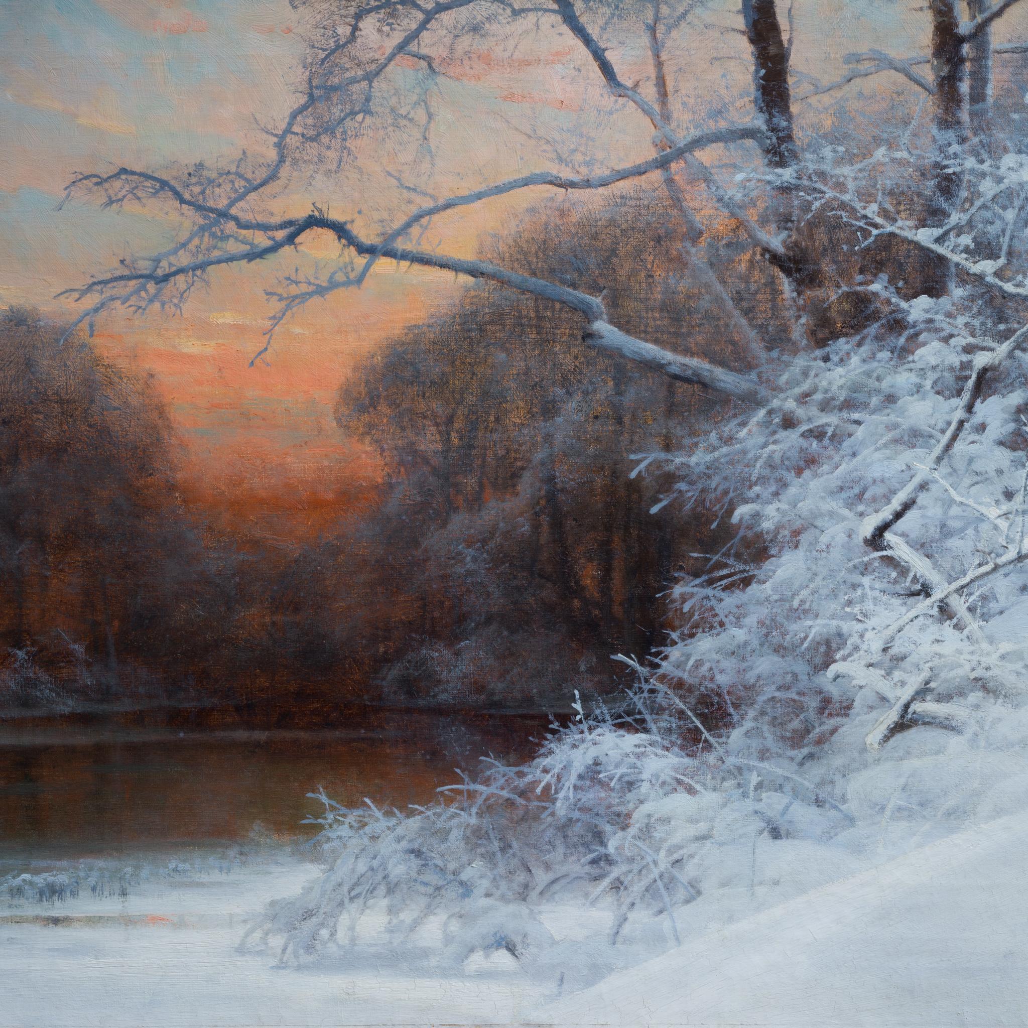 Paesaggio invernale crepuscolare di grandi dimensioni dipinto dall'artista Mauritz Lindström - Painting Realismo di Arvid Mauritz Lindström