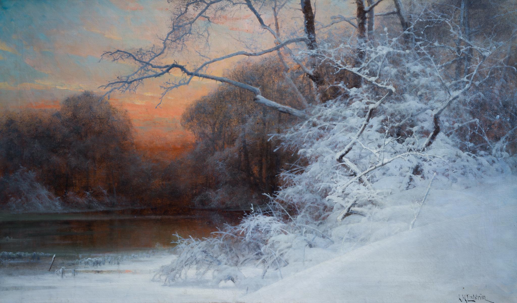 Paesaggio invernale crepuscolare di grandi dimensioni dipinto dall'artista Mauritz Lindström - Landscape Painting Grigio di Arvid Mauritz Lindström