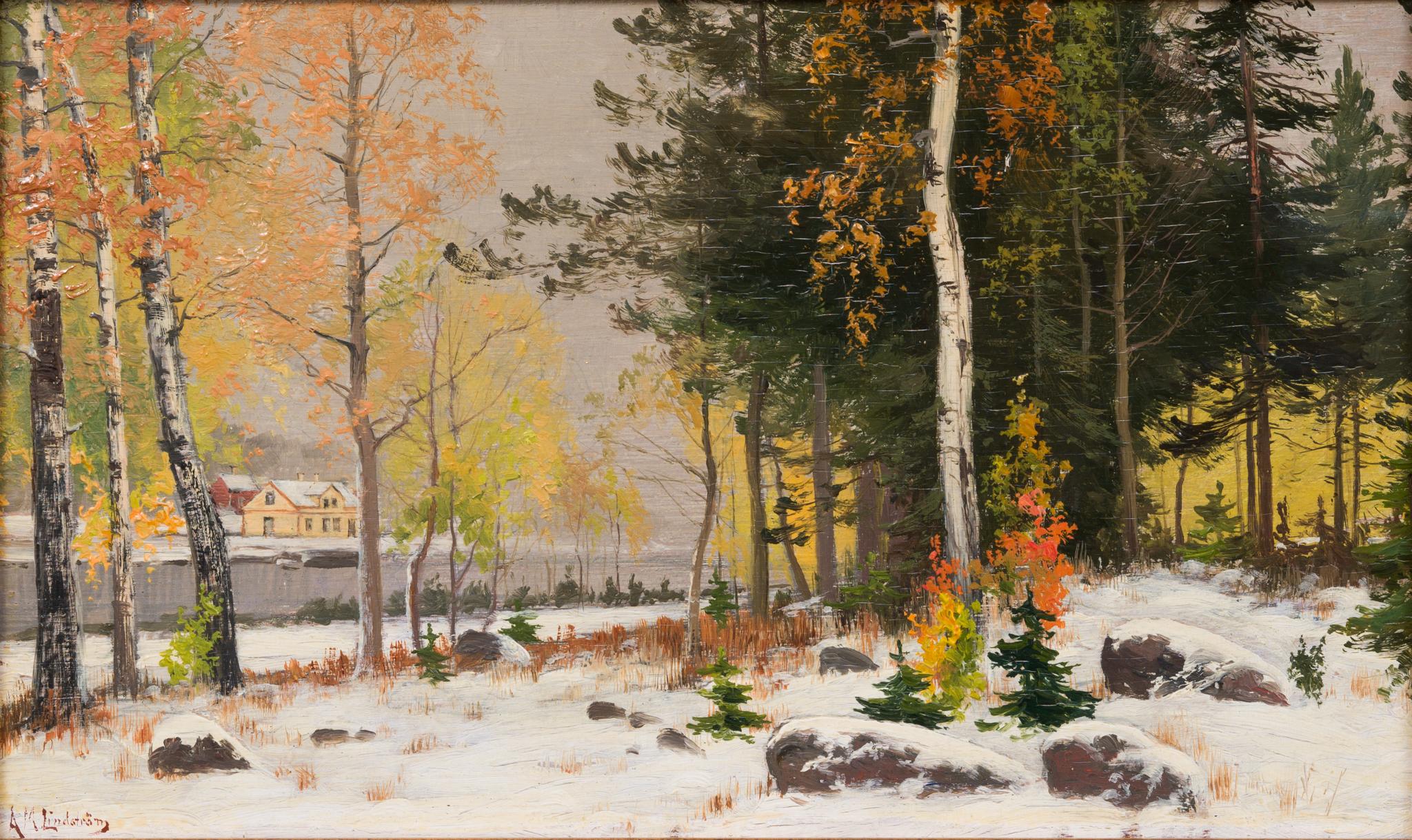 Kleines Gemälde mit dem Titel Erster Schnee des schwedischen Künstlers Arvid Mauritz Lindström im Angebot 1