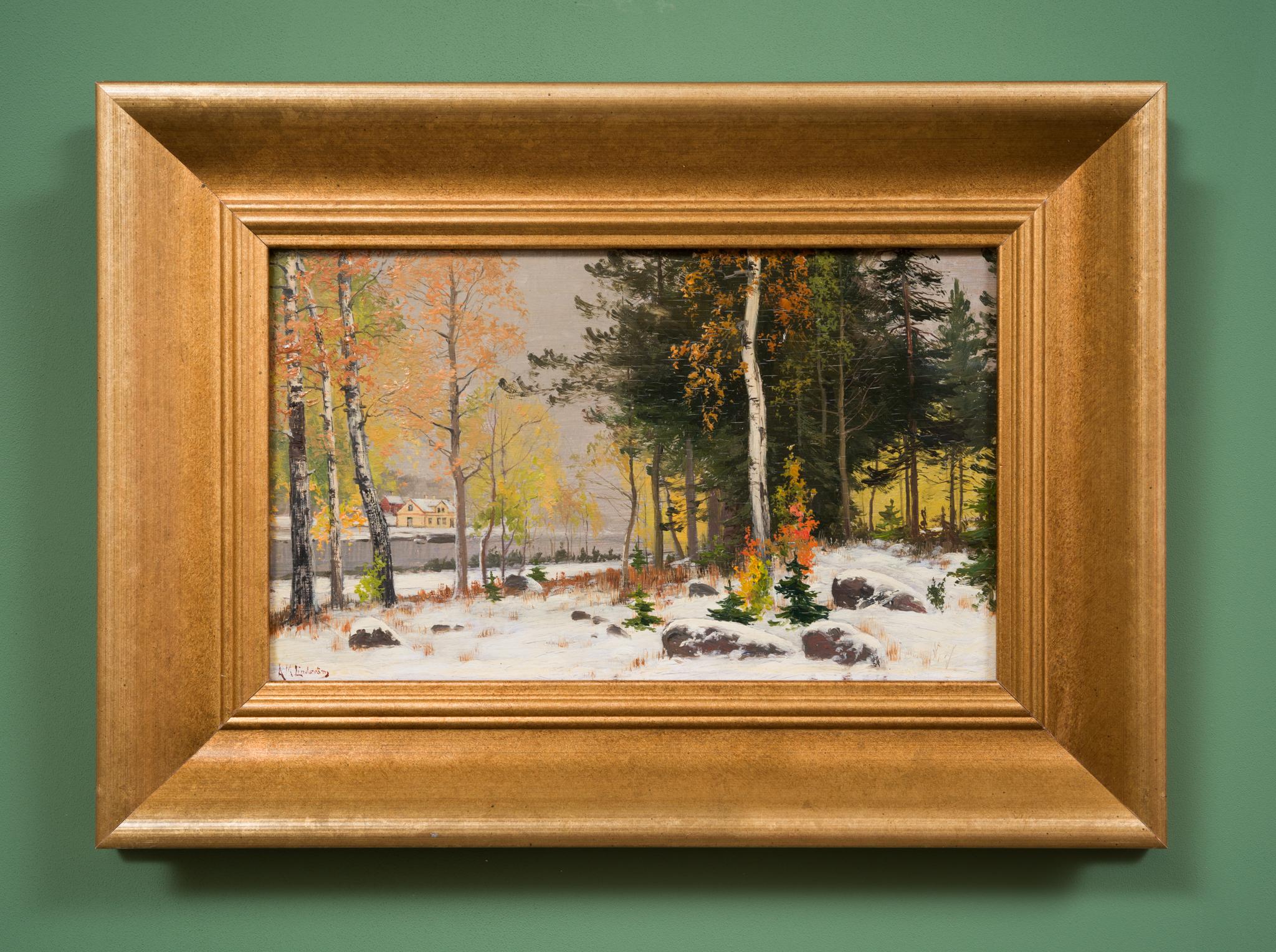 Kleines Gemälde mit dem Titel Erster Schnee des schwedischen Künstlers Arvid Mauritz Lindström im Angebot 2