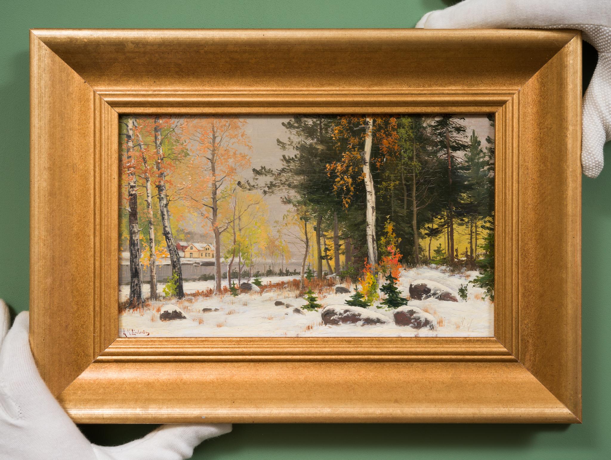 Kleines Gemälde mit dem Titel Erster Schnee des schwedischen Künstlers Arvid Mauritz Lindström im Angebot 3