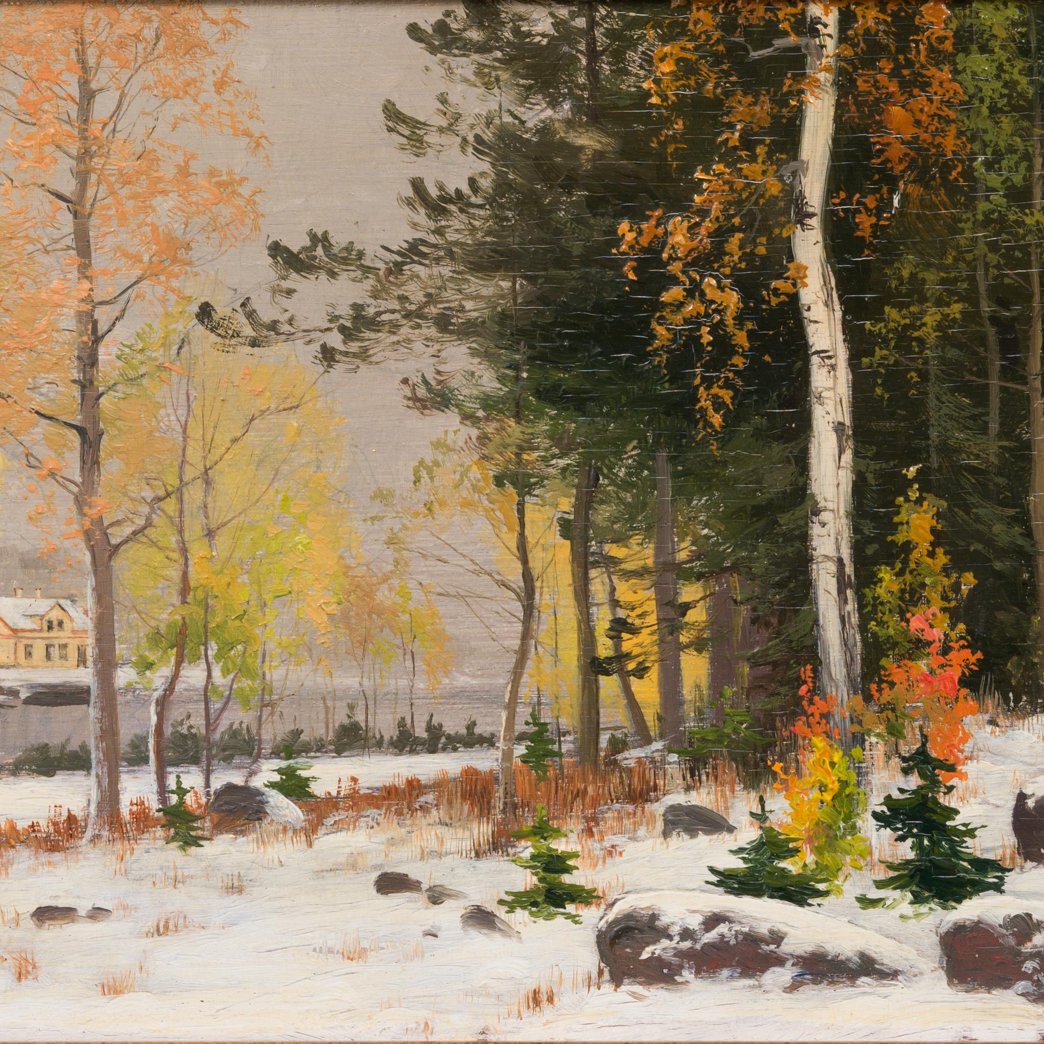 Kleines Gemälde mit dem Titel Erster Schnee des schwedischen Künstlers Arvid Mauritz Lindström im Angebot 4