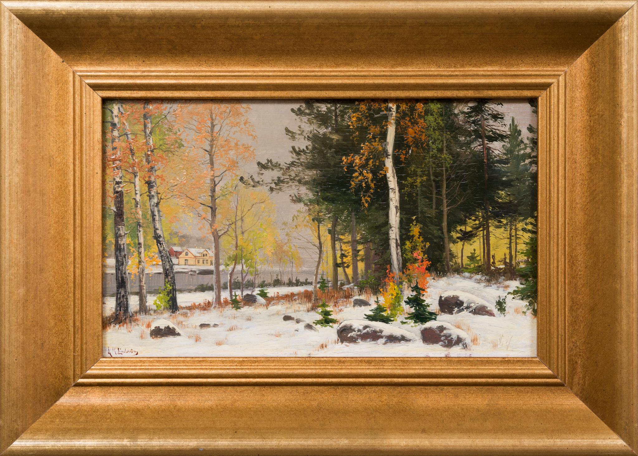 In diesem bezaubernden Gemälde "Erster Schnee" hält Mauritz Lindström den flüchtigen Moment fest, in dem die leuchtenden Farben des Herbstes auf die sanfte Umarmung des Winters treffen. Lindström, der für seine stimmungsvollen Landschaften bekannt