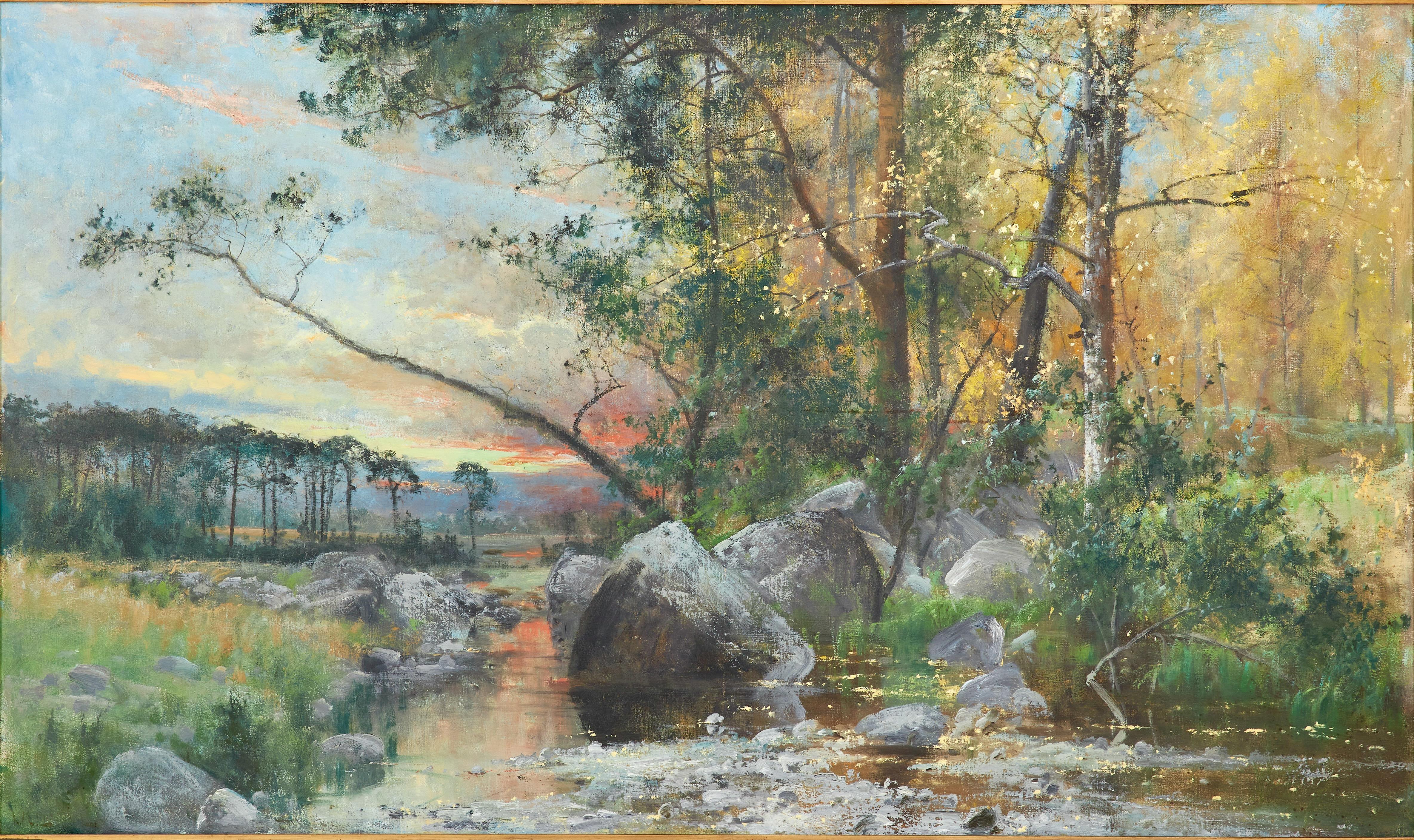 Sunset Landscape with Creek - 19th Century Oil on canvas - Painting by Arvid Mauritz Lindström