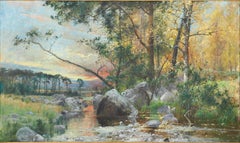 Landscape with Stream, 19th Century Romantic Oil on Canvas, Signed, 19th Century