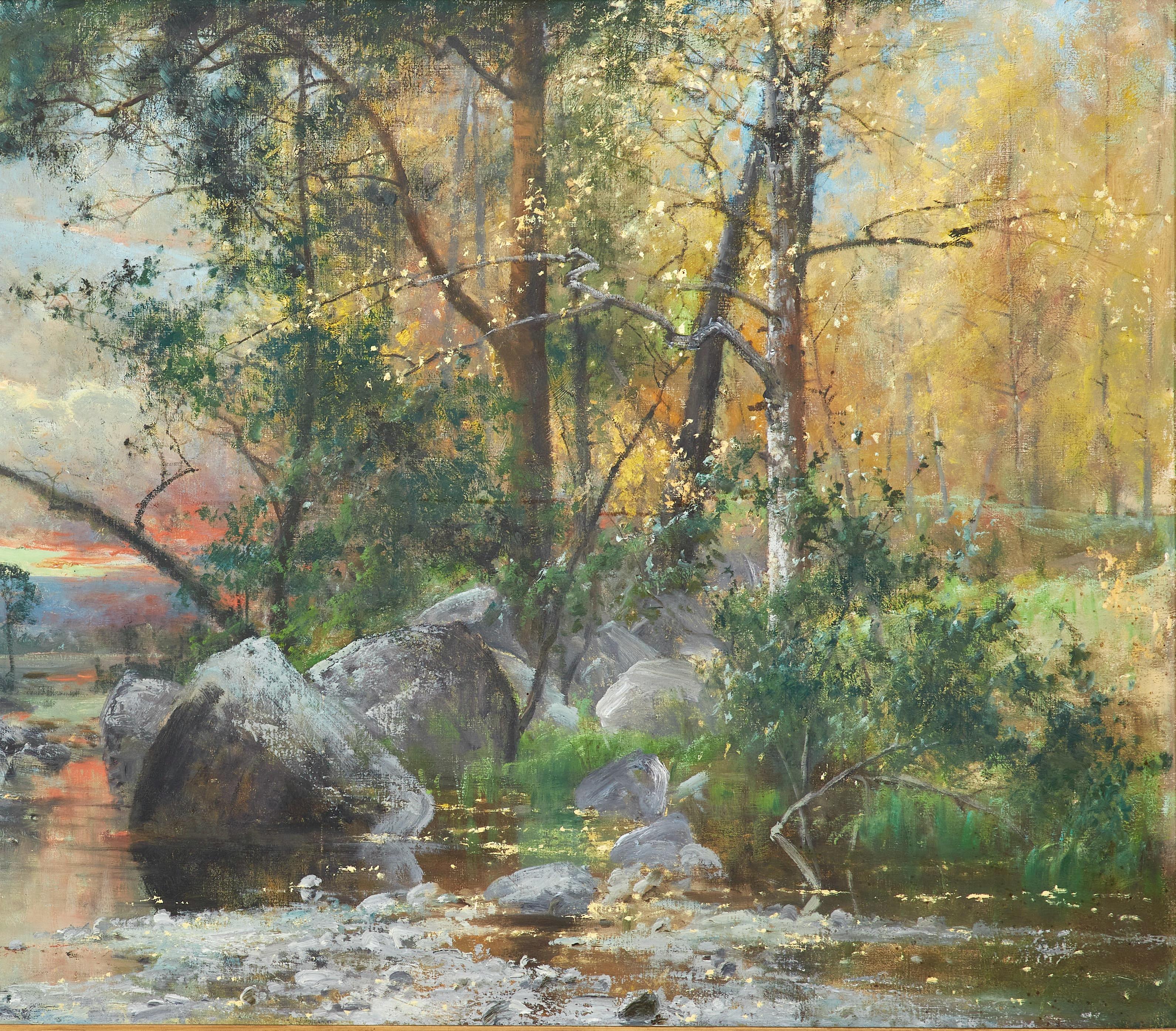 Sunset Landscape with Creek - 19th Century Oil on canvas - Naturalistic Painting by Arvid Mauritz Lindström