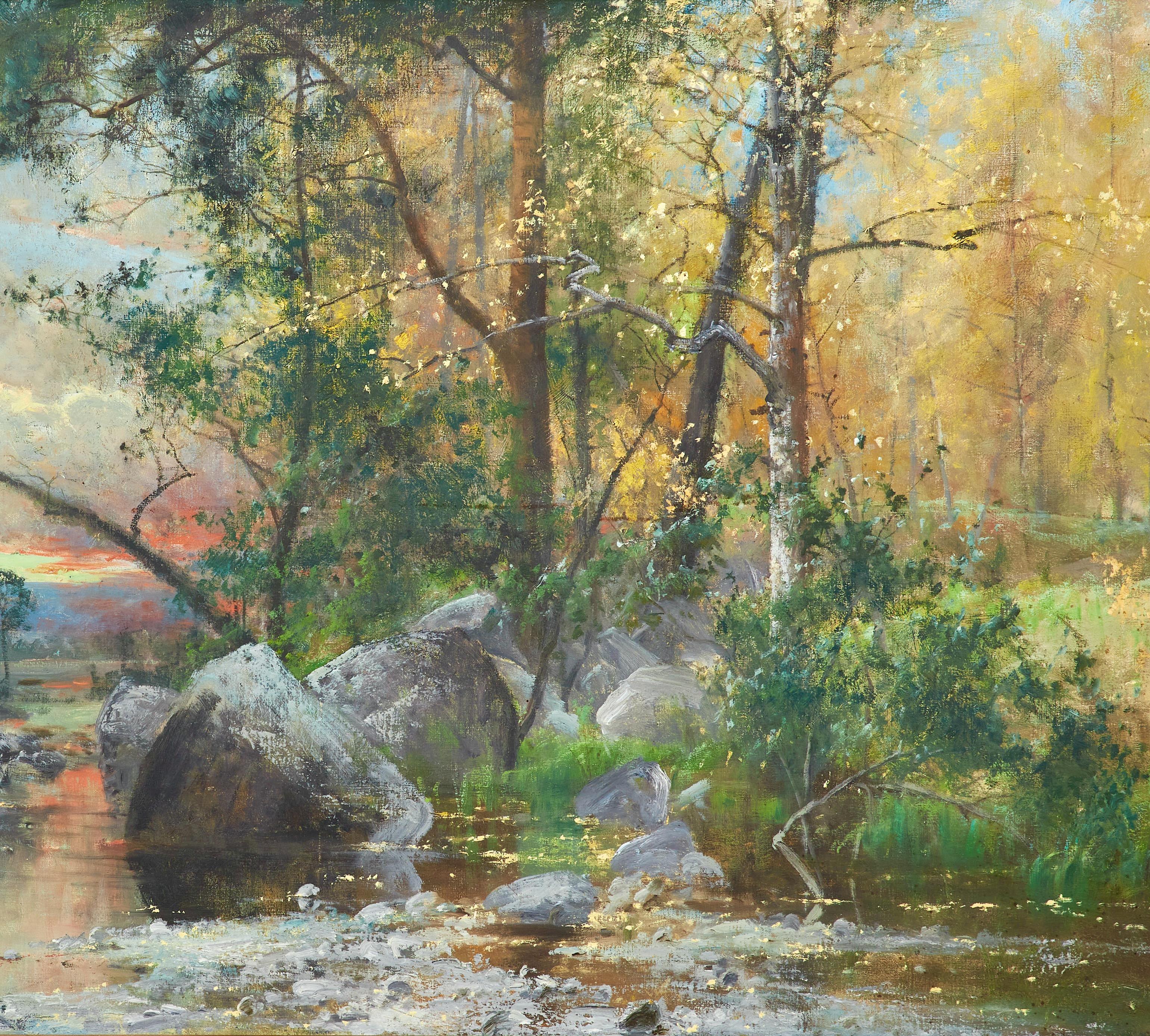 Fall Landscape with Stream - 19th Century Oil on canvas For Sale 4