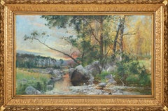 Sunset Landscape with Creek - 19th Century Oil on canvas