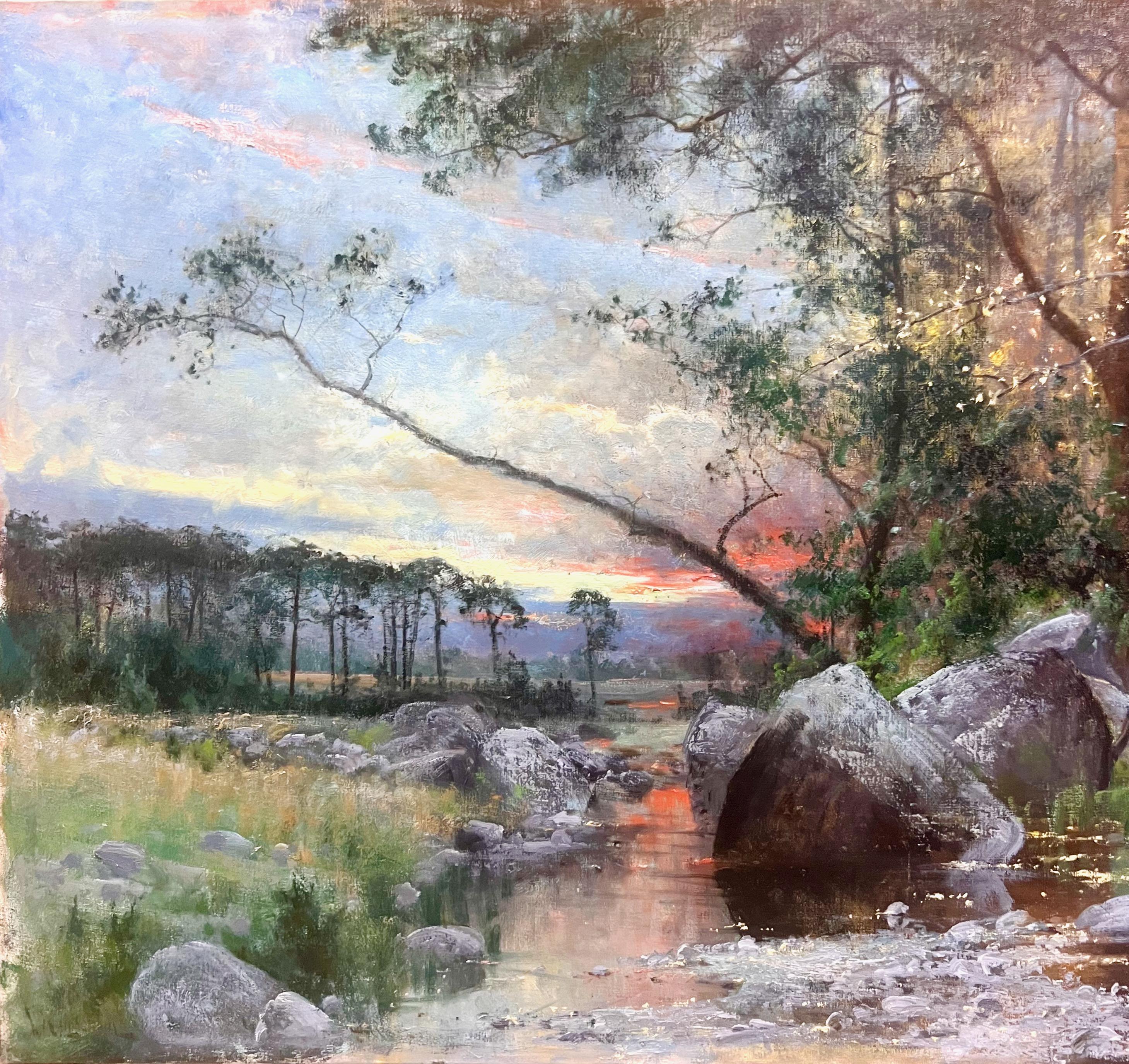 Landschaft bei Sonnenuntergang mit Bach - 19. Jahrhundert Öl auf Leinwand im Angebot 5