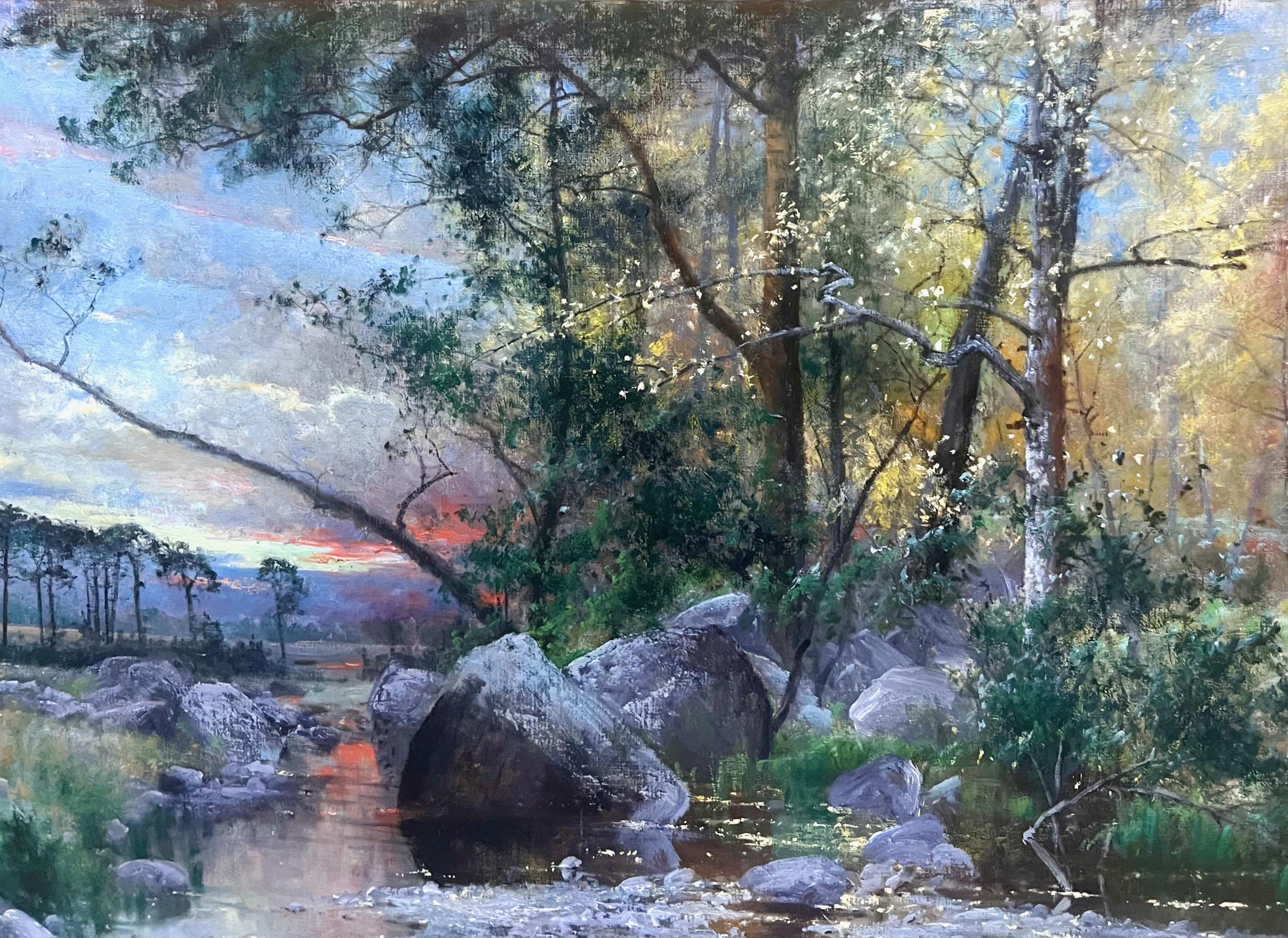 Landschaft bei Sonnenuntergang mit Bach - 19. Jahrhundert Öl auf Leinwand im Angebot 6