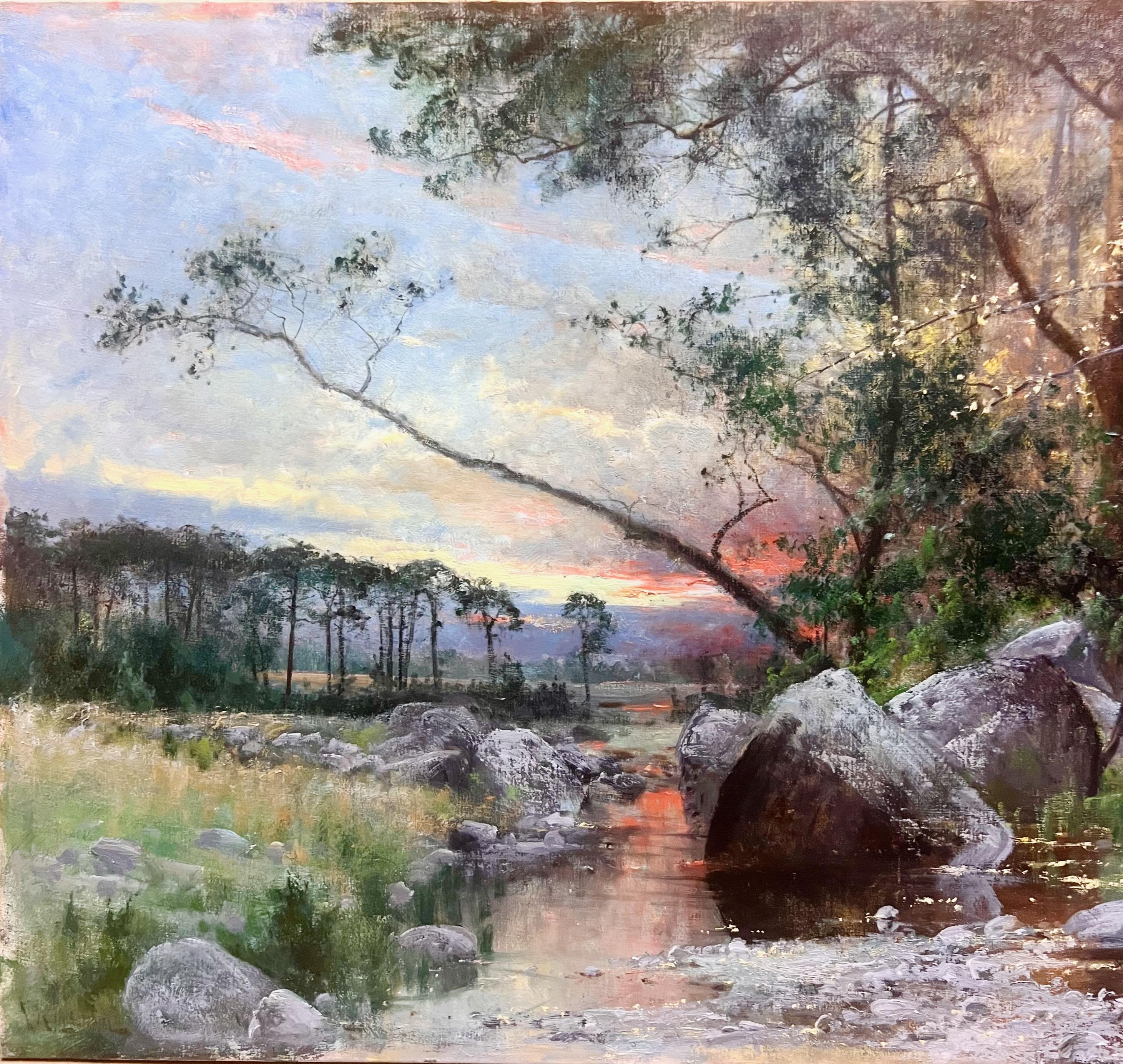 Landschaft bei Sonnenuntergang mit Bach - 19. Jahrhundert Öl auf Leinwand im Angebot 7