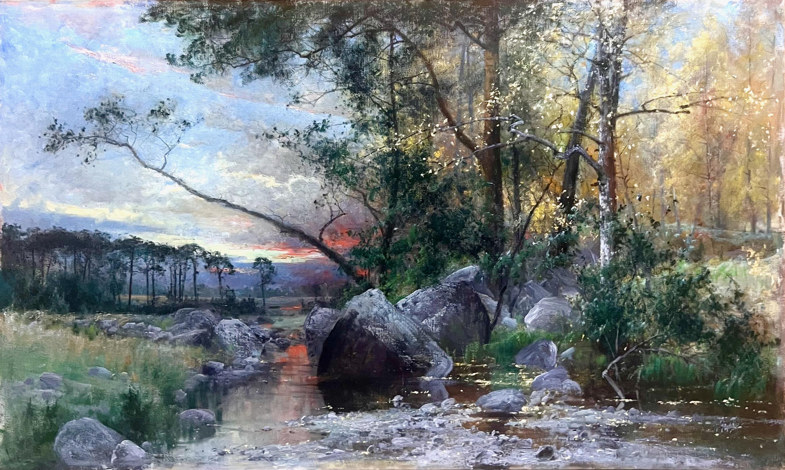 Landschaft bei Sonnenuntergang mit Bach - 19. Jahrhundert Öl auf Leinwand im Angebot 8