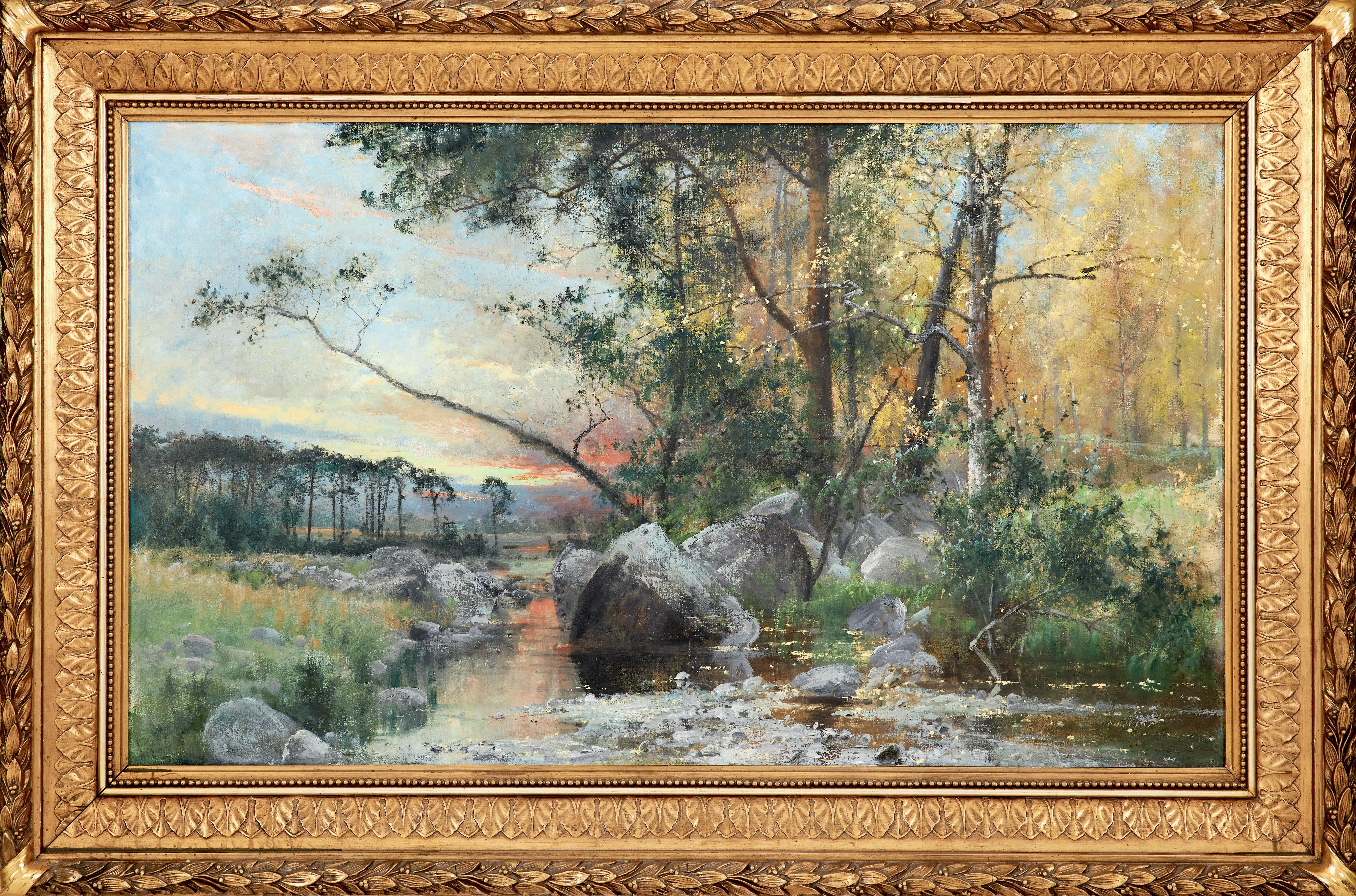 Landschaft bei Sonnenuntergang mit Bach - 19. Jahrhundert Öl auf Leinwand im Angebot 10